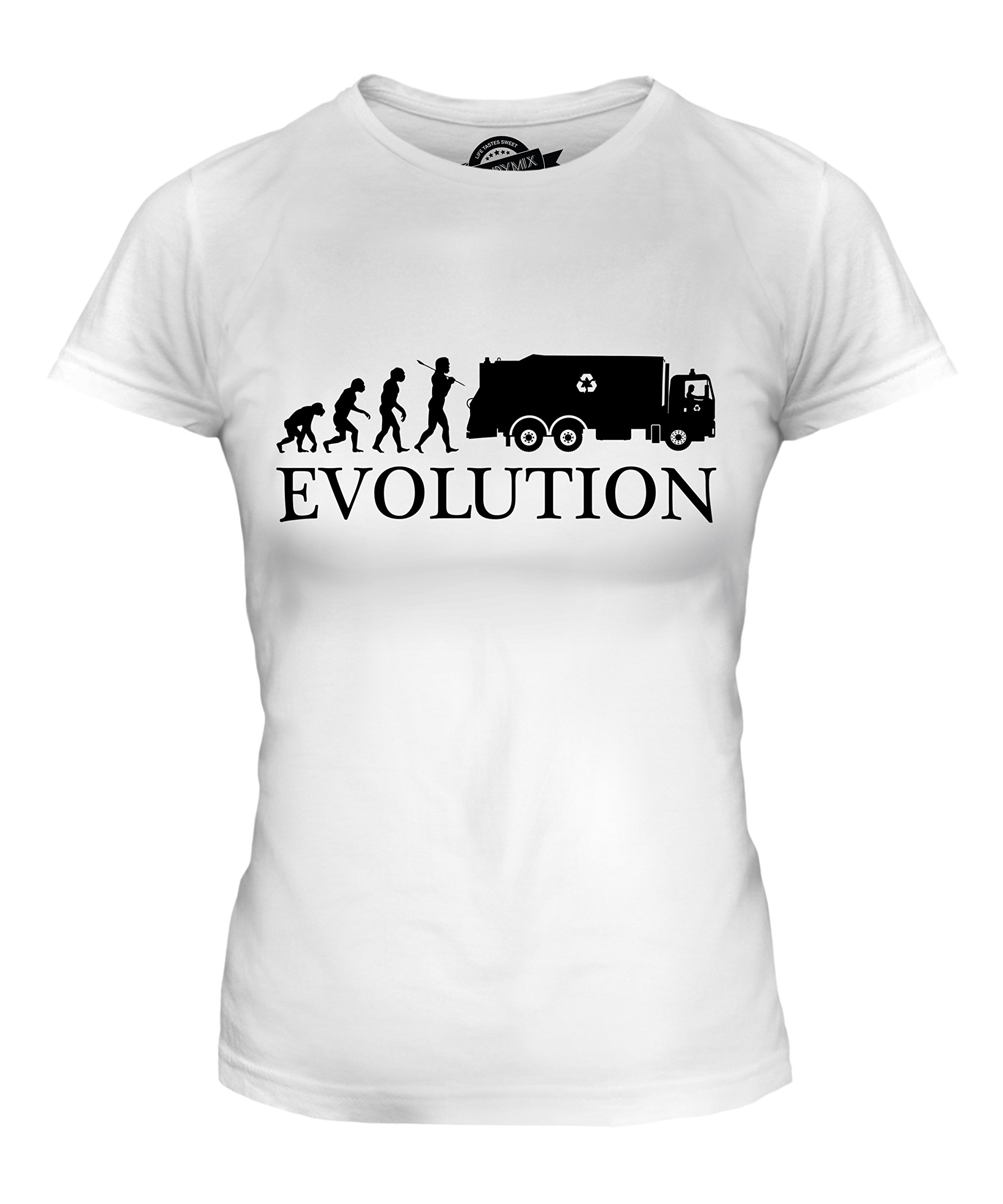 Women's Fitted Garbage Truck Evolution of Man Graphic T-Shirt - Trendy Casual Tee for Everyday Wear & Funny Gift Ideas