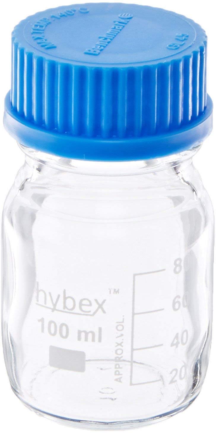 Benchmark Scientific Hybex B3000-100 100ml Borosilicate Glass Media Storage Bottles with Polypropylene Blue Caps - Pack of 10 | Laboratory-Grade for Chemical Solutions, Media Storage & Sample Preservation | Ideal for Research Labs, Pharmaceutical Use & Scientific Experiments