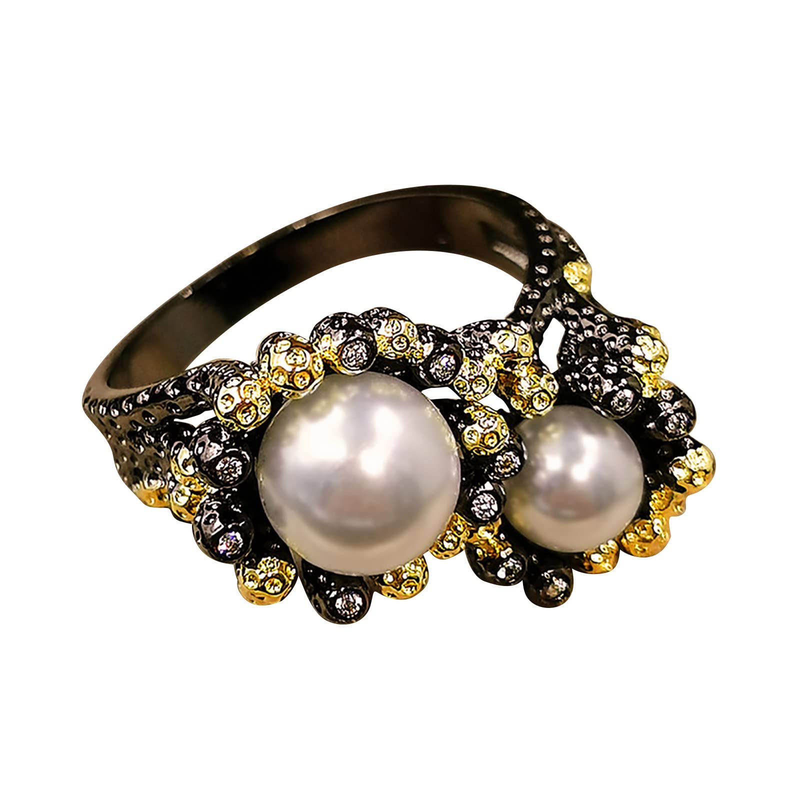 Elegant Adjustable Pearl Engagement Ring for Women - Black Open Band Jewelry Gift (Size 7) | Perfect for Weddings, Anniversaries & Romantic Occasions