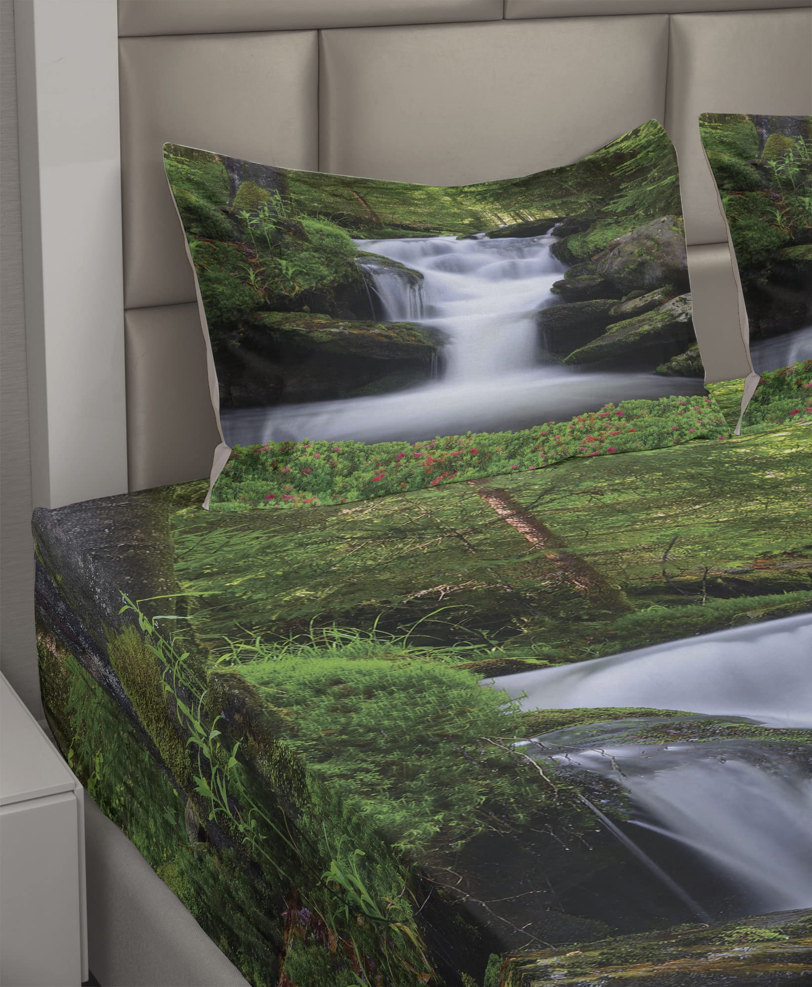 Ambesonne Waterfall King Size 4-Piece Sheet Set - Green & White Forest Floral Print, Fitted & Flat Sheets with Pillowcases | Nature-Inspired Bedroom Decor for Cozy Retreats & Spa-Like Relaxation