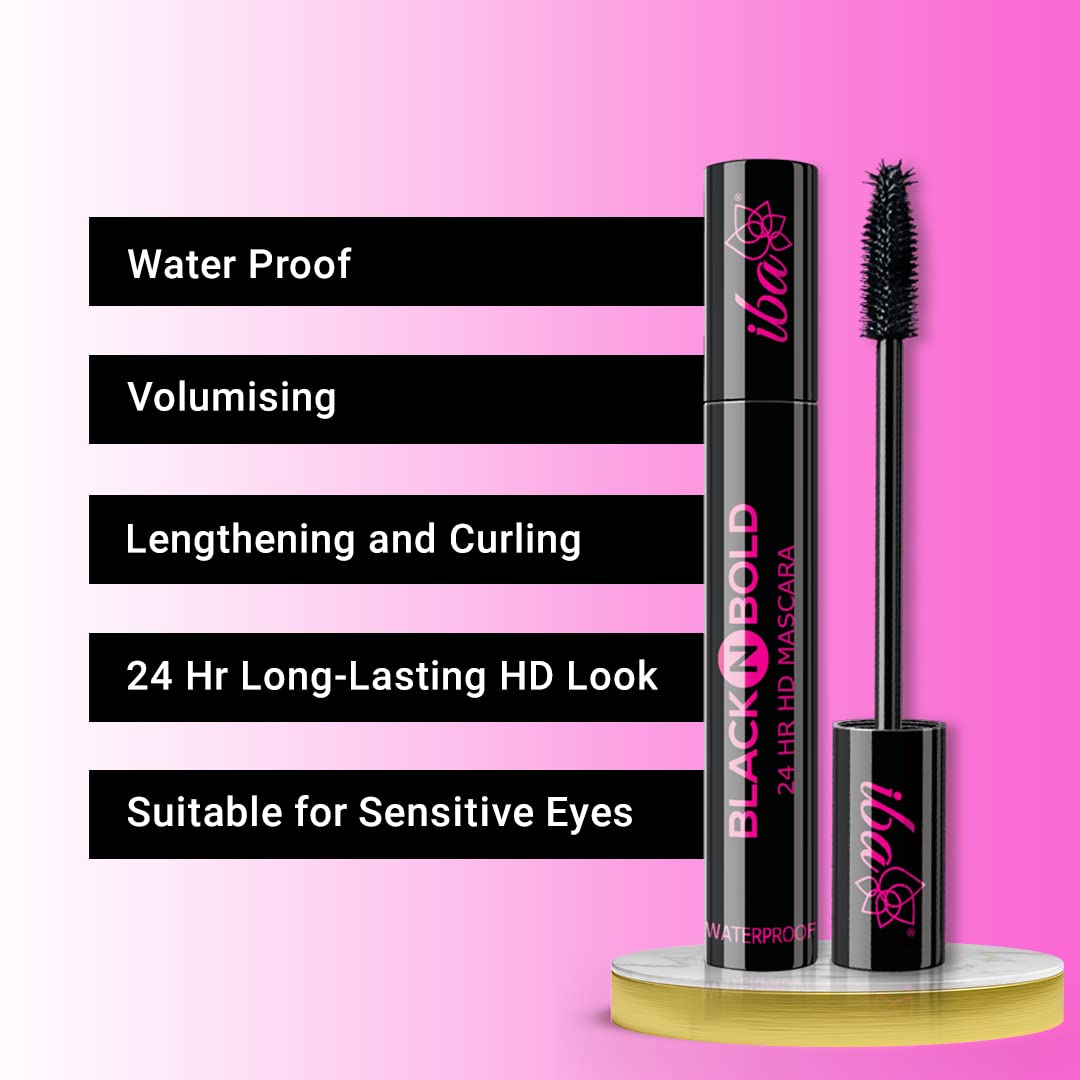 Iba Black N Bold 24 Hour HD Waterproof Mascara - Lengthening, Curling & Volumizing (8ml, Black) | 100% Vegan & Cruelty-Free | Perfect for Long-Lasting Wear, Special Occasions & Everyday Glam