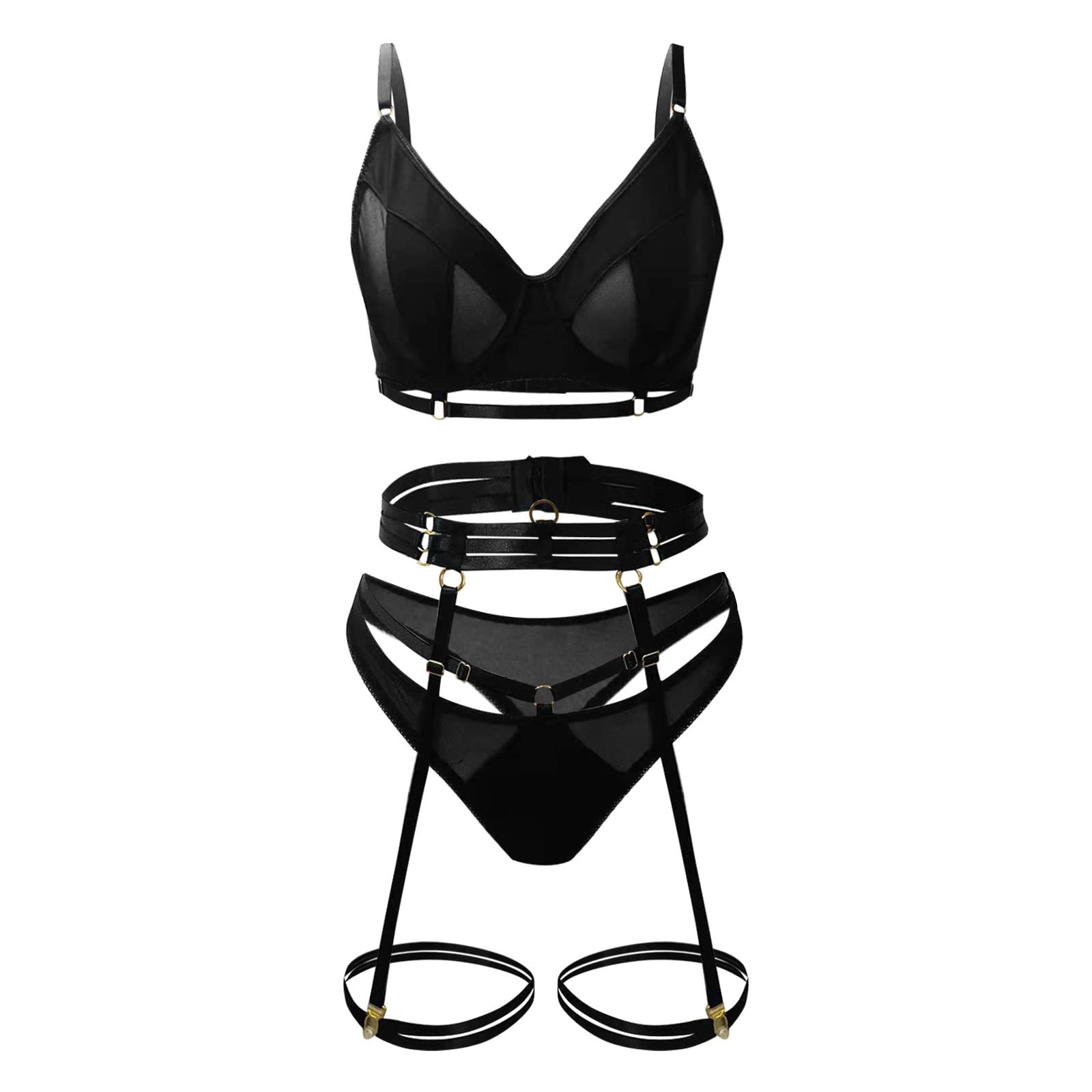 Sexy Women's Lingerie Set - Black Metal Sling Comfortable Slim Strap Sleepwear with Thong & Garters | Perfect for Boudoir Photography, Romantic Nights & Special Occasions