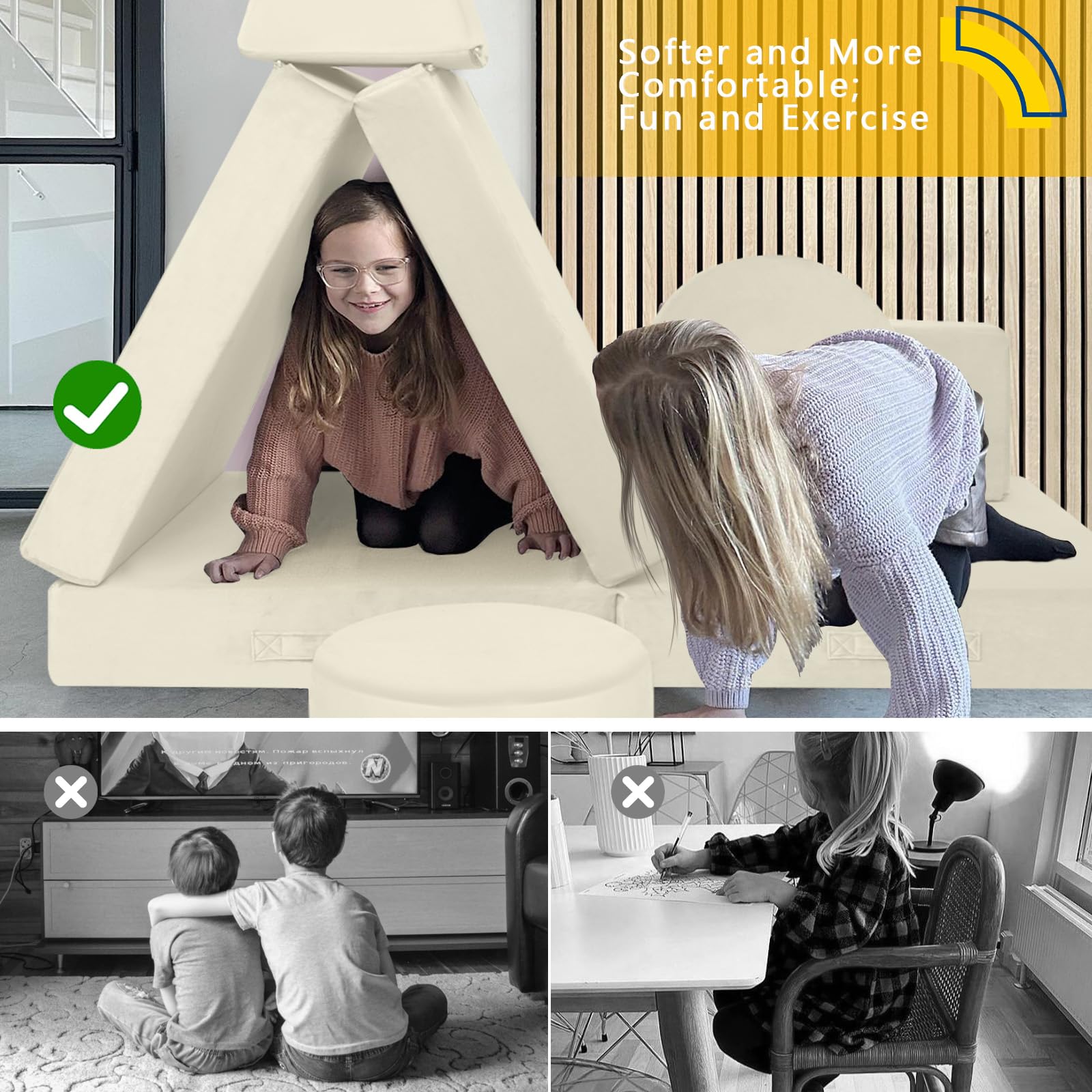 MeMoreCool Modular Kids Play Couch - Beige Foam Sofa & Fort Building Set for Toddlers | Indoor Playroom Furniture for Creative Play & Learning