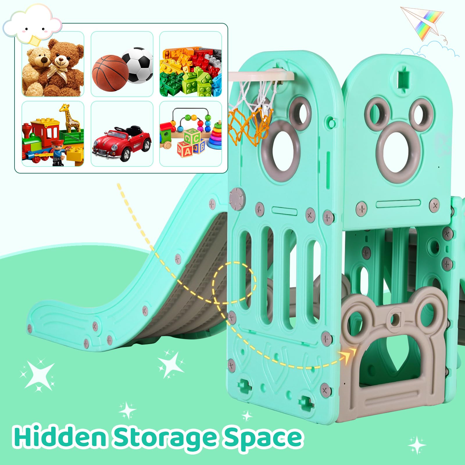 Arlopu 5-in-1 L-Shaped Kids Slide Climber Set with Basketball Hoop, Storage Space & Non-Slip Steps - Indoor/Outdoor Toddler Playset for Boys & Girls Ages 3+ (Light Green) | Perfect for Backyards, Playrooms & Birthday Gifts