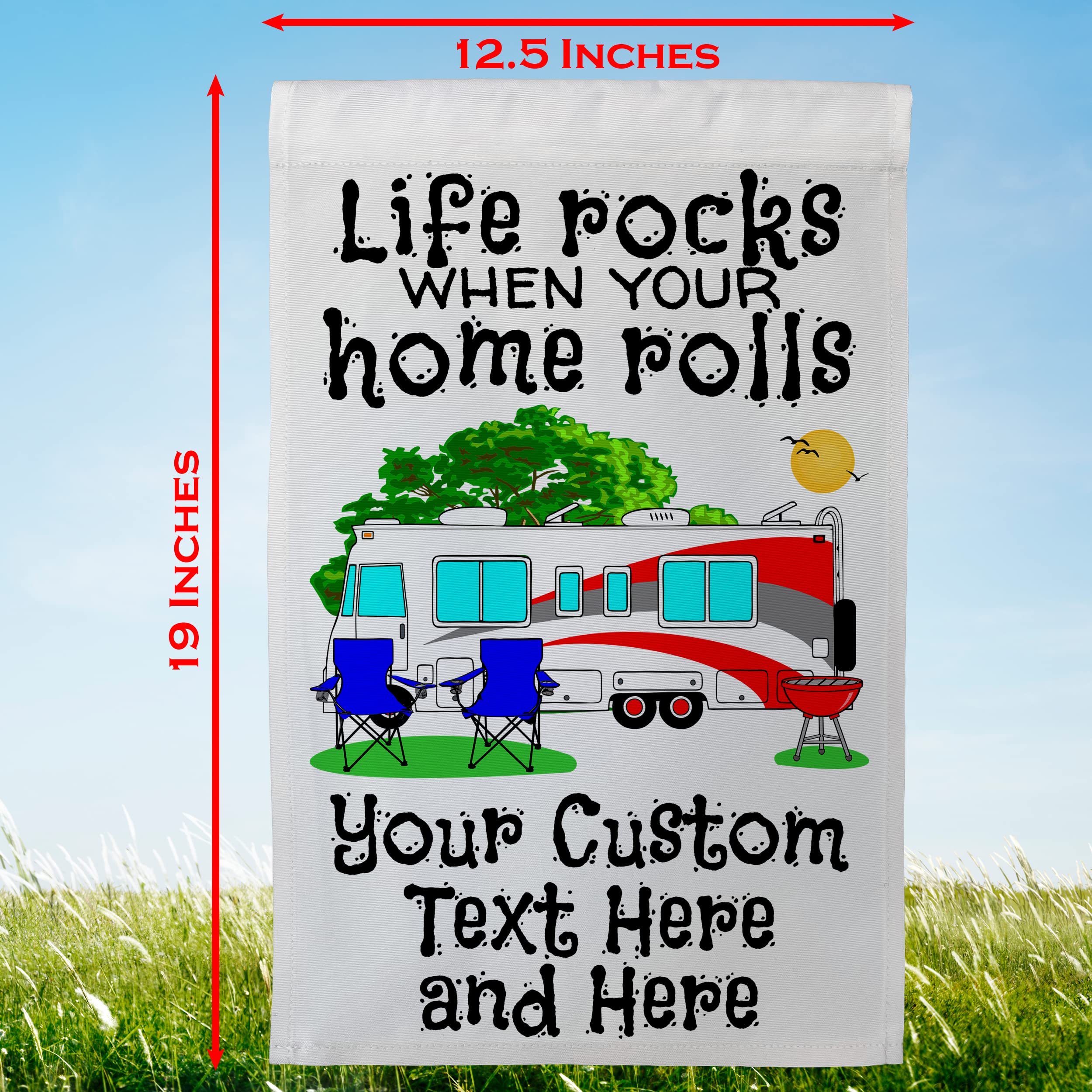 Custom Personalized Class A Motorhome Camp Flag - 3 Lines of Text, White Fabric with Red Design | Perfect for RV Camping, Tailgating & Outdoor Adventures