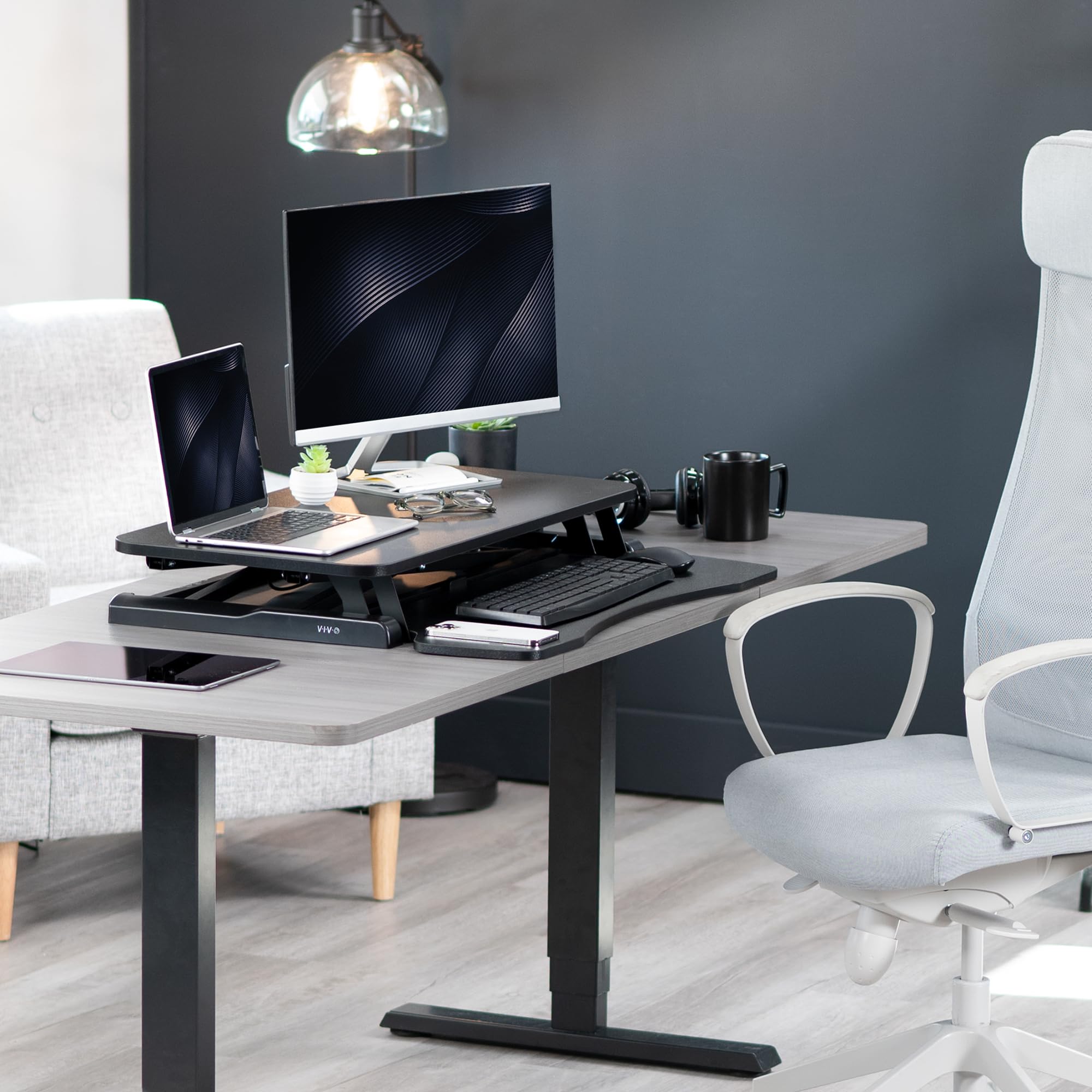 VIVO K Series 32 Inch Height Adjustable Sit Stand Desk Converter - Dual Monitor & Laptop Workstation with Wide Keyboard Tray, Black (DESK-V000K) - Perfect for Home Office, Gaming Setup & Ergonomic Workspace