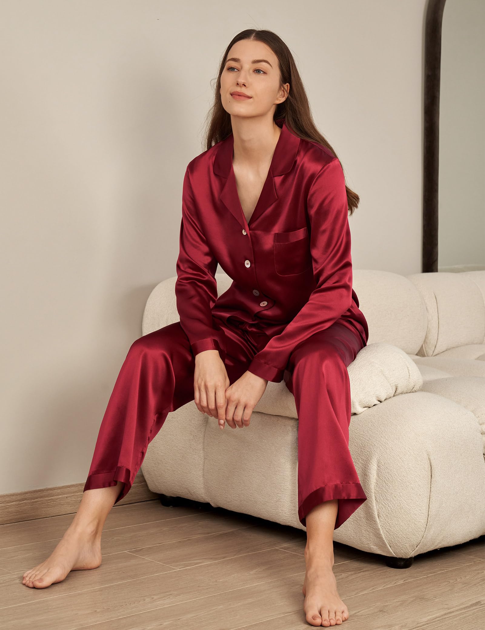 Luxury 100% Mulberry Silk Pajamas for Women - 22 Momme Pure Long Sleeve Full Length Nightwear | Soft Sleepwear for Comfortable Nights & Elegant Lounging