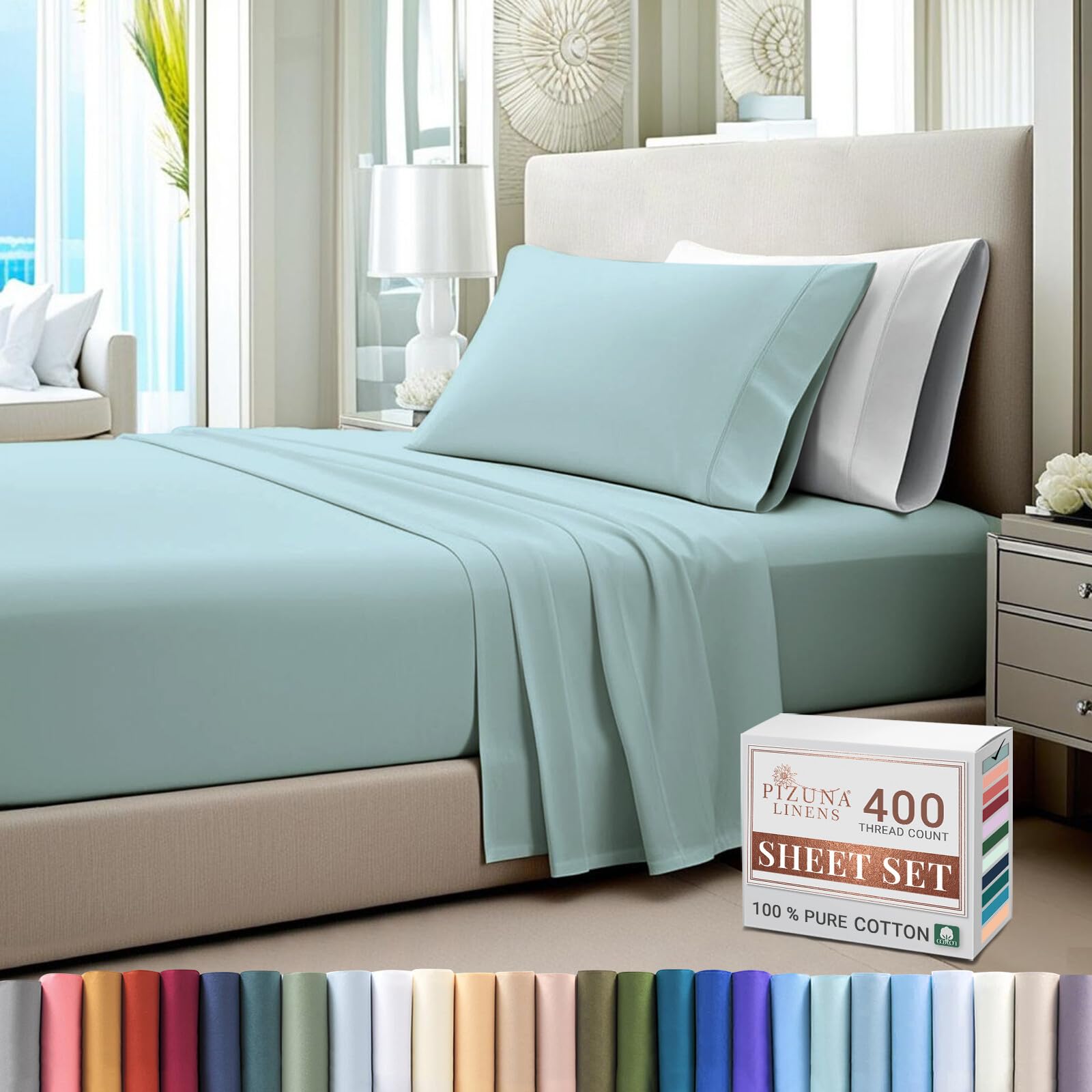 Pizuna Pure 100% Cotton Twin Size Sheets - 400 Thread Count Luxury Sateen Bedding Set with 15
