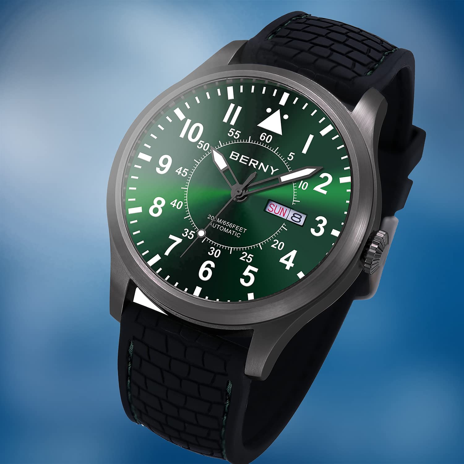 BERNY Men's Automatic Self-Winding Mechanical Watch - 20ATM Waterproof, Sapphire Crystal Glass, Super Luminous, Oversized Dial (No Battery Needed) - Perfect for Business, Casual Wear & Outdoor Activities