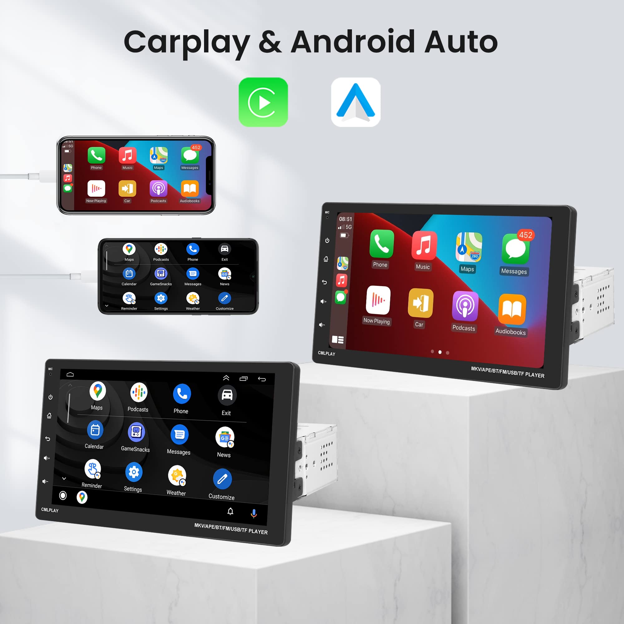 1 Din CarPlay Android Auto Bluetooth Car Stereo - 9