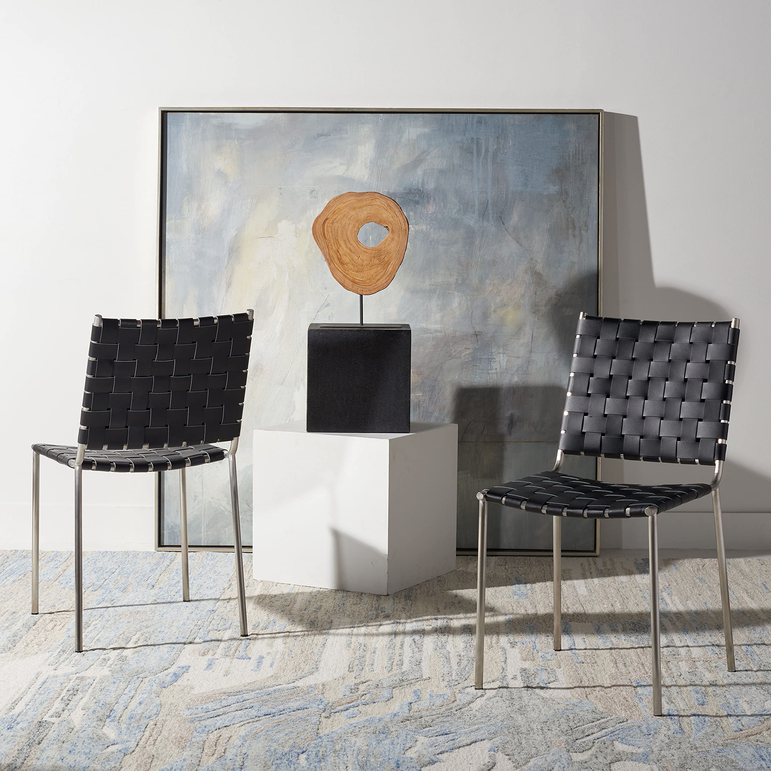Safavieh Wesson Black Woven Leather & Silver Dining Chairs (Set of 2) - Fully Assembled Modern Kitchen & Dining Room Furniture for Home Decor