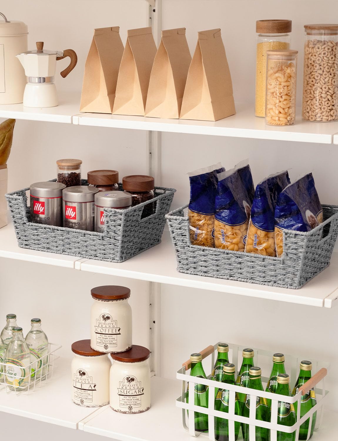 StorageWorks Wicker Baskets for Home Organization - 2 Pack Grey Handwoven Pantry & Shelf Storage Baskets | Perfect for Kitchen, Bathroom, Closet & Office Organization