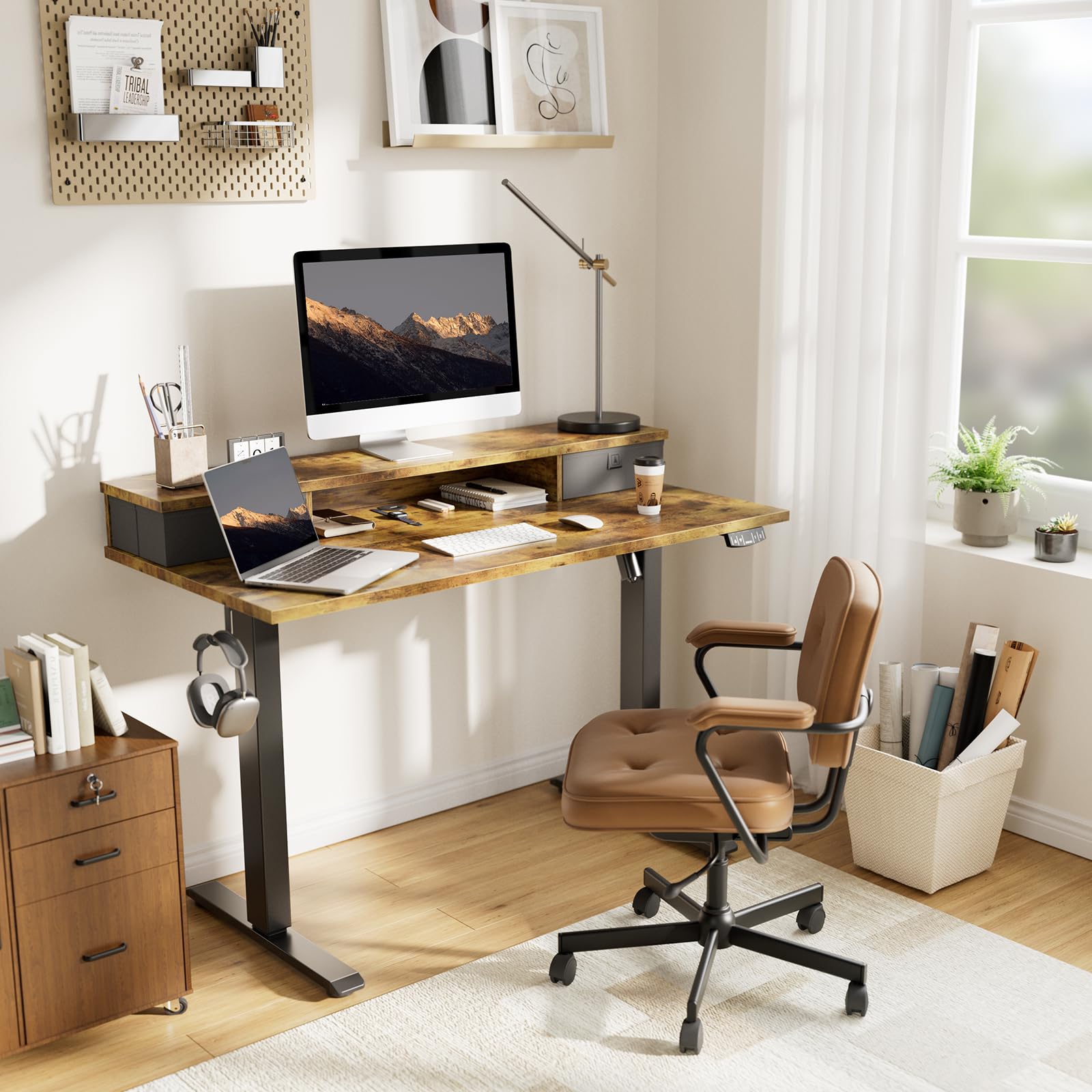 Agilestic 63 x 24 Inches Electric Standing Desk - Height Adjustable with 2 Drawers & Splice Board, Rustic Brown - Perfect for Home Office, Gaming Setup and Workspace Ergonomics