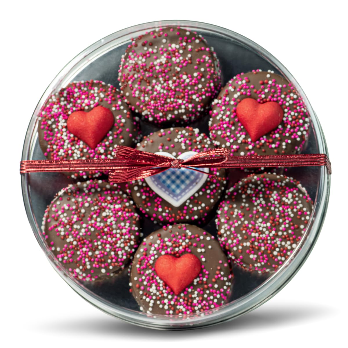I LOVE YOU Red Valentine Chocolate Dipped Sandwich Cookies | Hand Decorated Gourmet Cookies | Romantic Gift Basket with 7pc Assortment | Perfect for Anniversary, Wedding & Valentine's Day Gifts