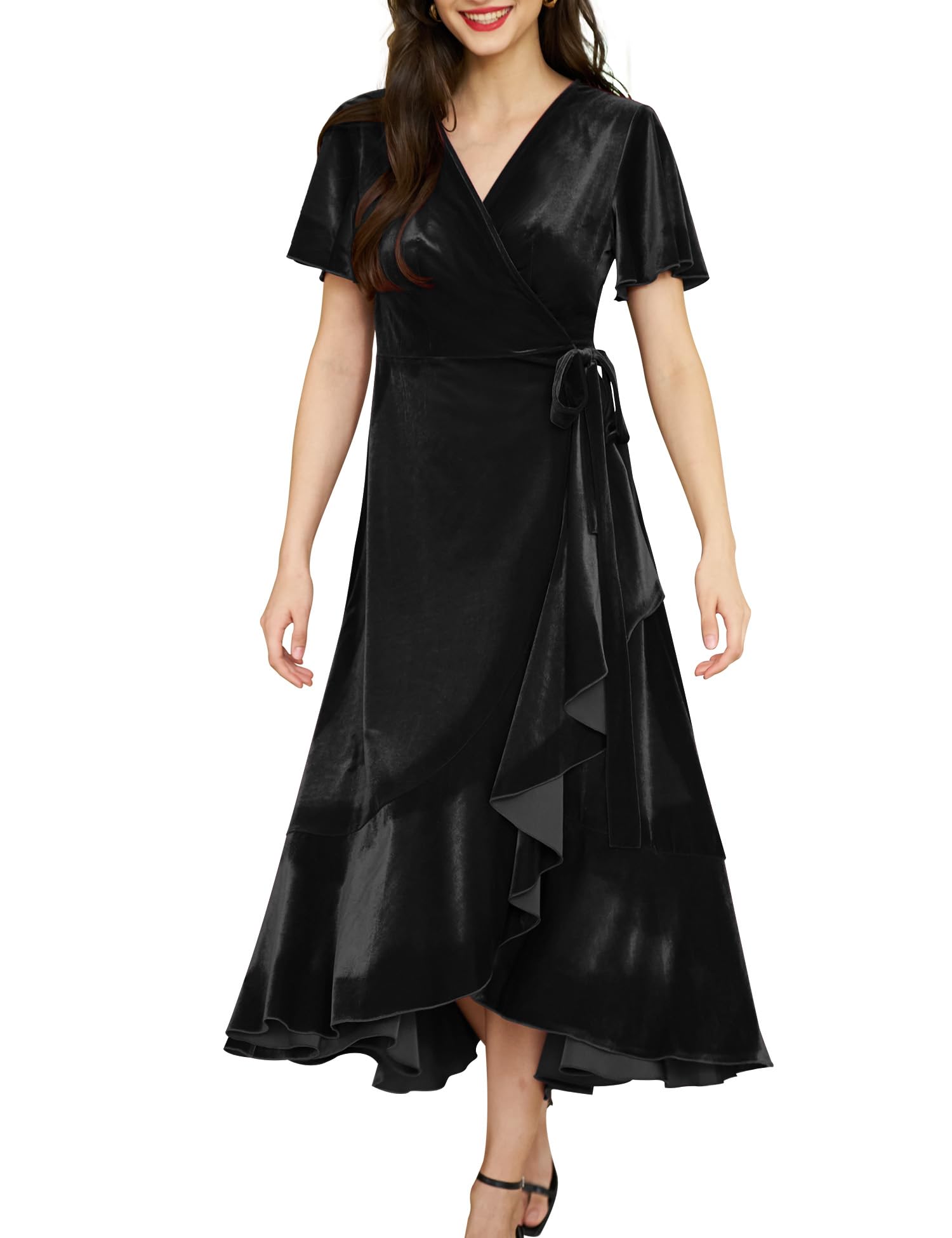 Elegant Women's Velvet Maxi Dress - Boho V-Neck Wrap Dress for Wedding Guest, Fall Maternity & Formal Occasions with Pockets | Perfect for Evening Parties, Holiday Events & Special Celebrations