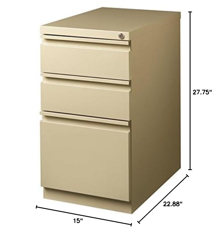 Hirsh 23-Inch Deep Mobile Pedestal with 3 Drawers - File Storage Cabinet, Full-Width Pull Handle, Beige - Perfect for Office, Home, and Workspace Organization