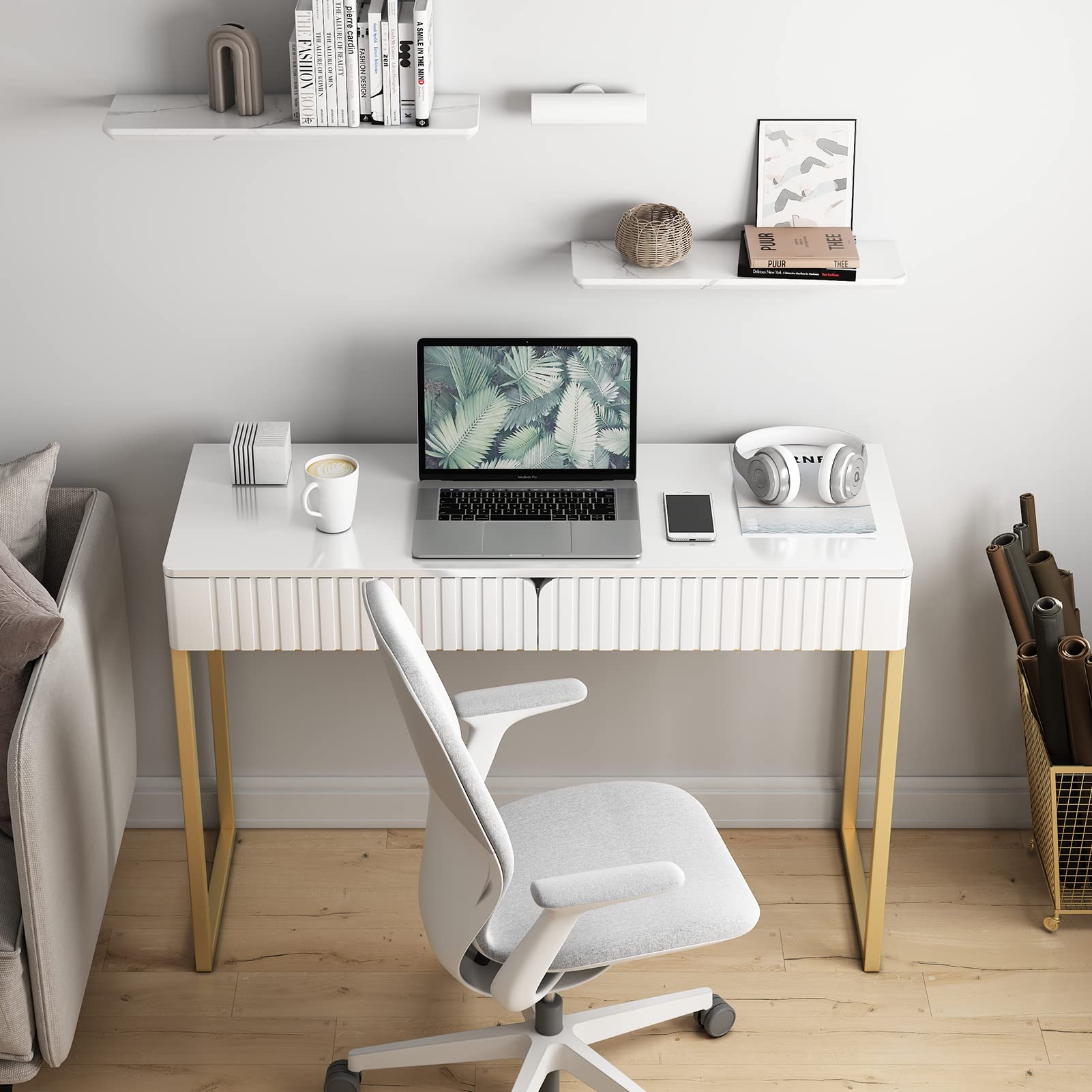 Modern Gold Legs Writing Desk with 2 Drawers - 43.3x15.75 Inch Home Office Desk for Computer Work, Makeup Vanity, Study or Entryway Sofa Table - Perfect for Small Spaces & Contemporary Decor