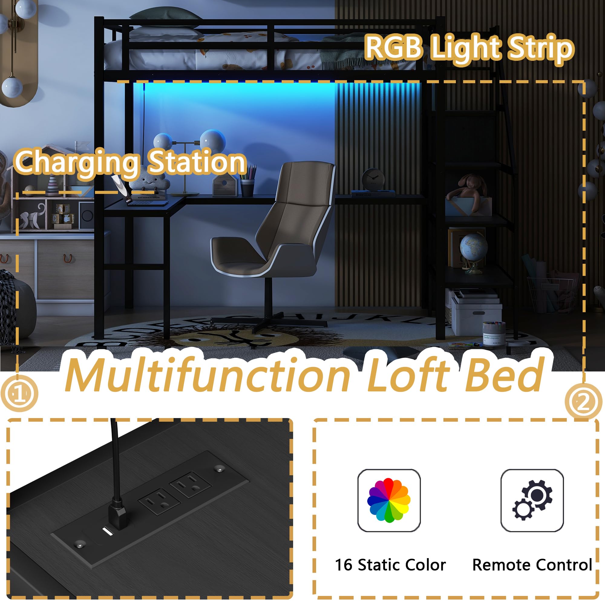 Full Size Loft Bed with Desk, Storage Shelf & Stairs - Space-Saving Metal Loft Bed with Wardrobe, Charging Station & RGB LED Lights for Adults, Teens & Kids | Perfect for Small Bedrooms, Dorms & Studio Apartments (Black)