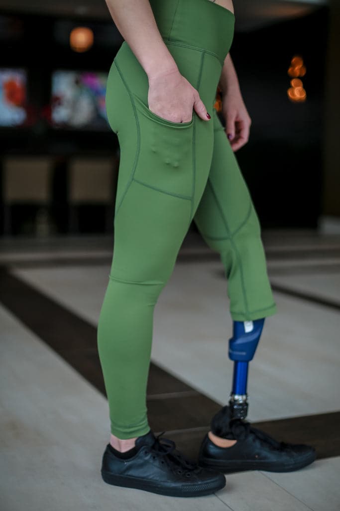 Amputee Leggings with Pockets - Below Knee Left Leg Compression Pants in Military Green | Adaptive Activewear for Amputees, Yoga, Running & Daily Wear