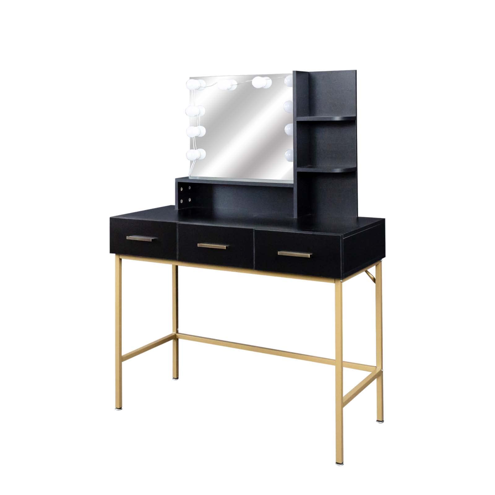 Modern Vanity Table Set with 10 LED Lights Makeup Mirror & Stool - Adjustable Brightness, 3 Storage Drawers, Black Makeup Dresser for Women Bedroom | Perfect for Daily Beauty Routine & Small Space Organization