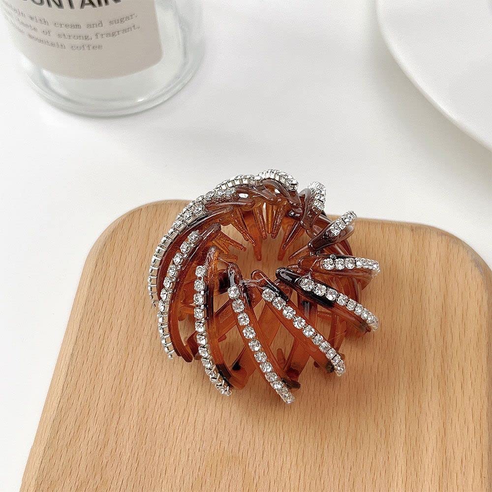 Elegant Bird Nest Shaped Hair Clips - Expandable Ponytail Holder & Bun Maker for Women | Rhinestone Brown Hair Styling Tool | Perfect for Weddings, Parties & Everyday Hairstyles