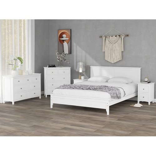 JINDAO Modern White Solid Wood 5-Piece Queen Bedroom Set (Bed + 2 Nightstands + Dresser + Chest) for Master Bedroom, Guest Room & Home Decor