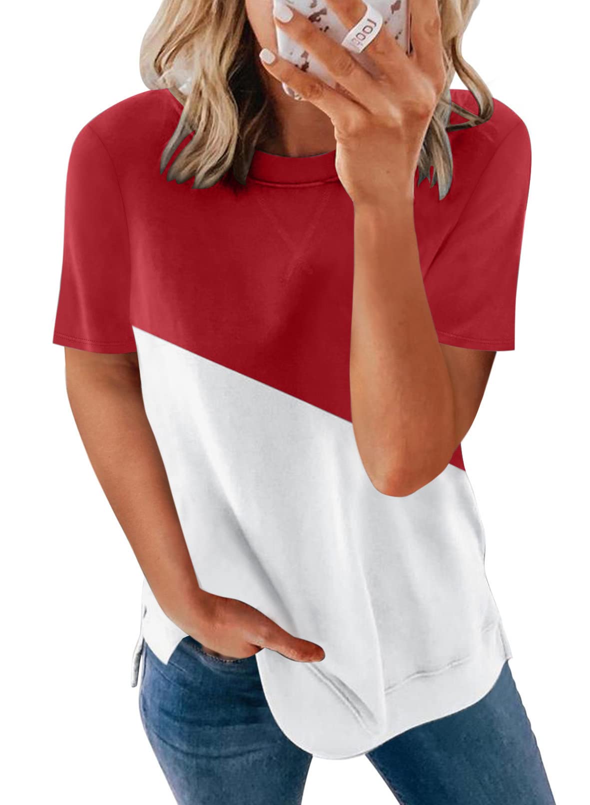 SHEWIN Women's Summer Casual Short Sleeve T-Shirt - Loose Fit V-Neck Blouse for Beach, Vacation & Everyday Wear