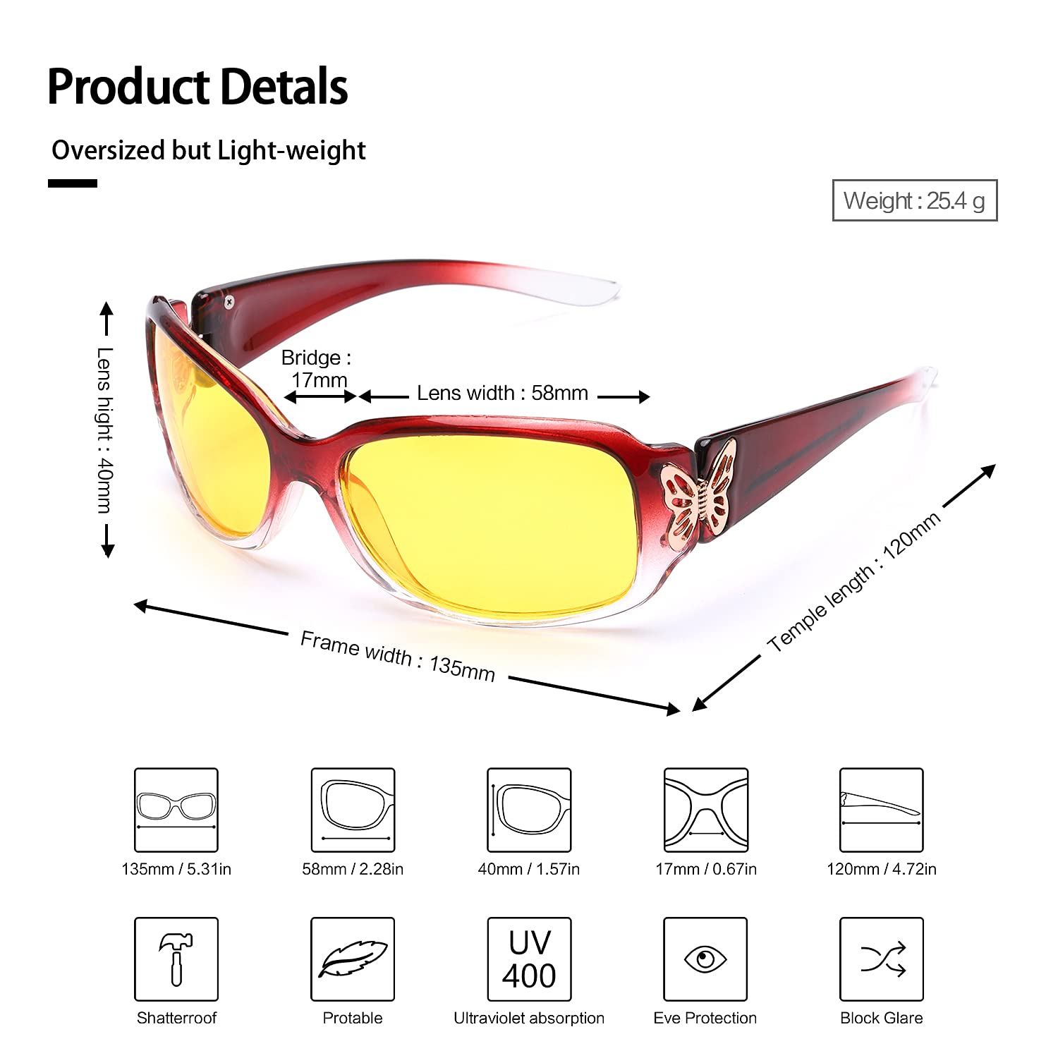 LVIOE Polarized Night Vision Glasses for Women - Yellow Tinted Driving Glasses with Butterfly Design - Reduce Glare & Improve Visibility for Night Driving, Evening Commutes & Low Light Conditions