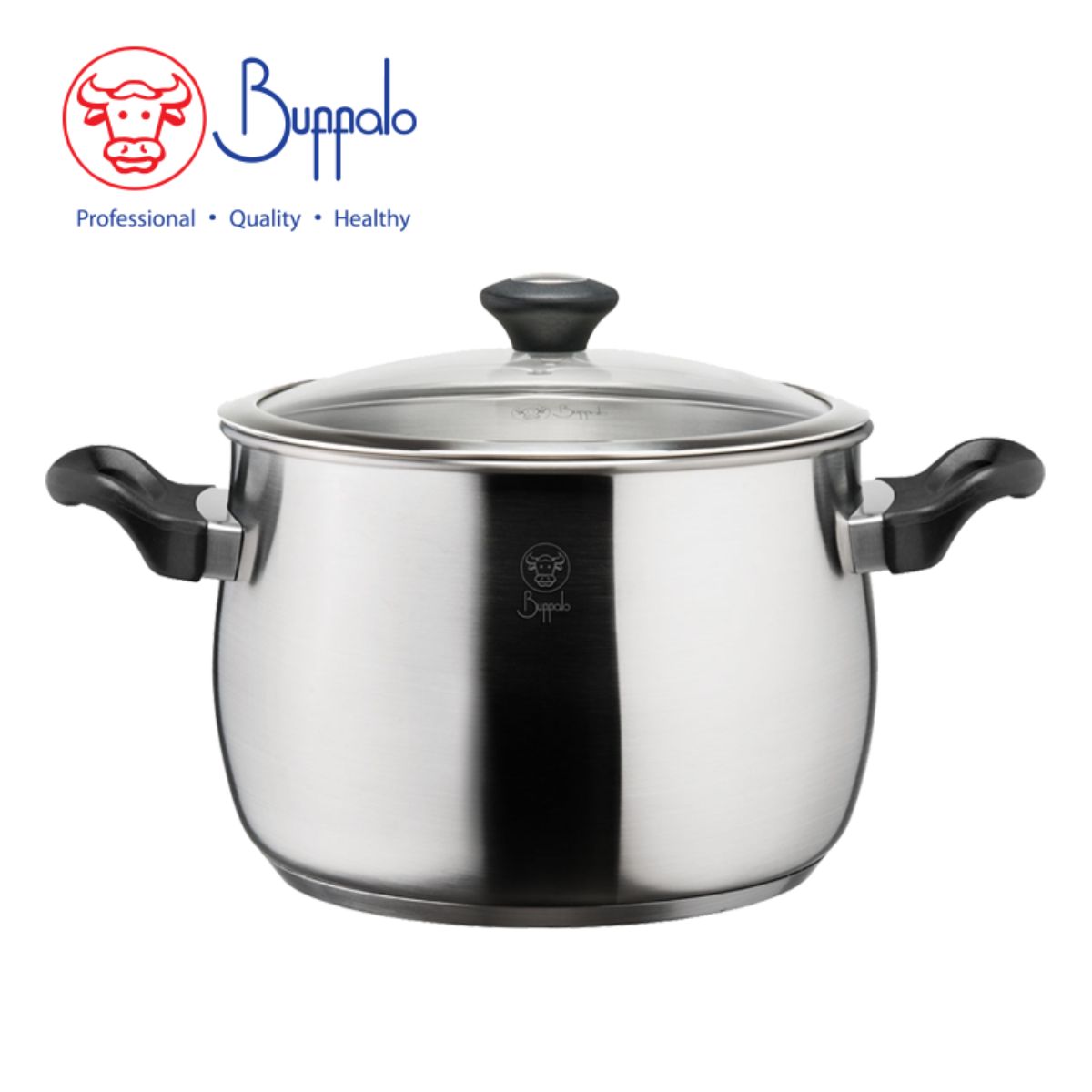 Buffalo PRECIOUS Stainless Steel Thick Bottom Bakelite Double Handle Tall Pot with Glass Lid (24X17CM/8.05L) - Perfect for Soups, Stews & Family Cooking