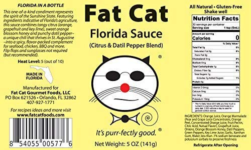Fat Cat Gourmet Florida Citrus & Datil Pepper Hot Sauce - Sweet Tangy Medium Heat Gluten-Free | Perfect for Seafood, Chicken, Tacos, BBQ & Avocado Toast | Gourmet Hot Sauce for Cooking, Grilling & Everyday Meals