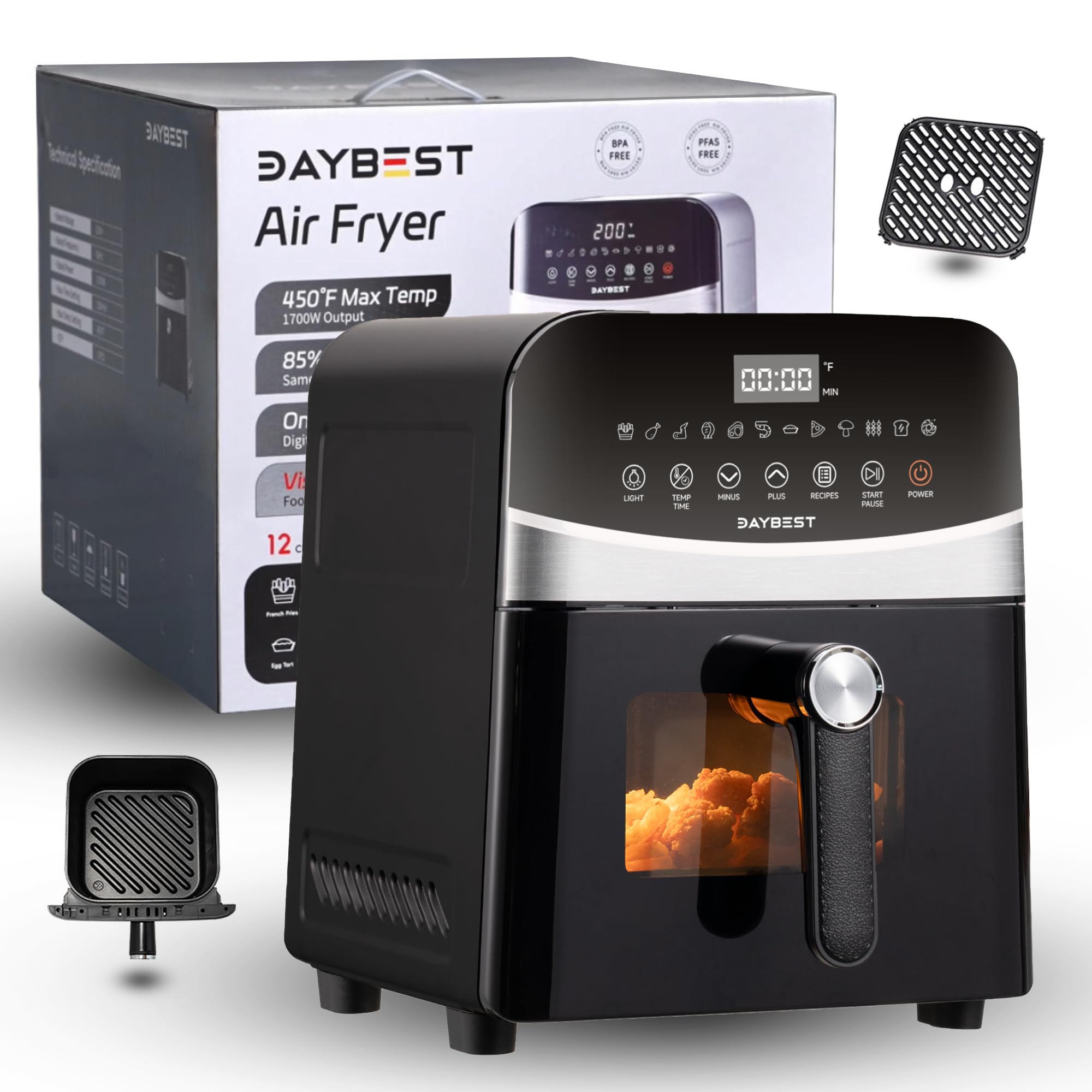 **DAYBEST 1700W 6L Ceramic Coated Air Fryer with Top & Bottom Heaters – Non-Toxic, Auto Shut-Off, Black Stainless Steel – Perfect for Healthy Frying, Roasting, Baking & Grilling at Home**
