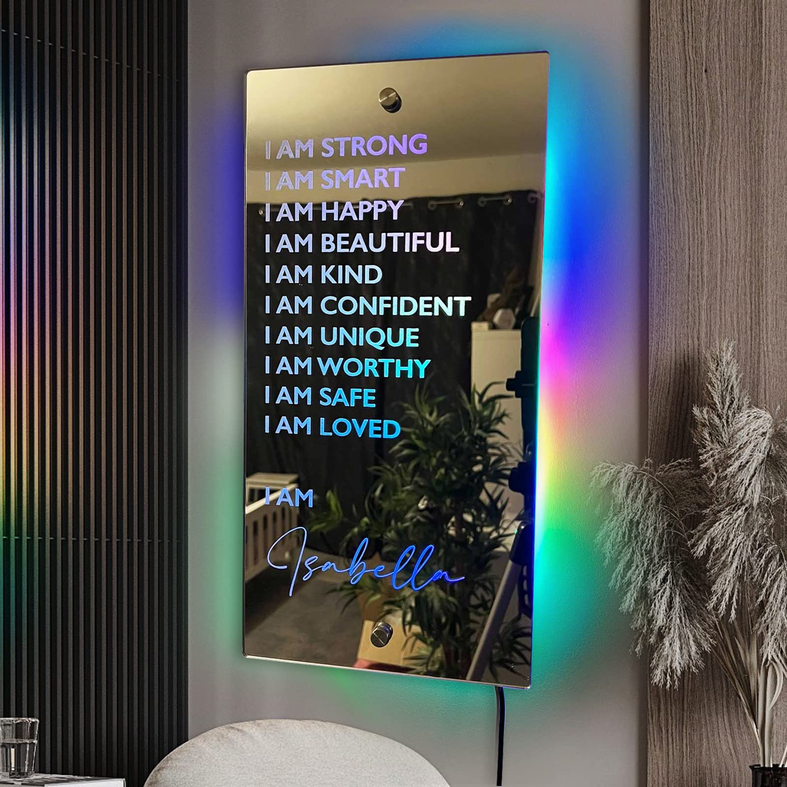 Custom LED Light Up Mirror with I AM Affirmations - Personalized Name Wall Art Sign, RGB Color Changing Decor for Home, Bedroom, Office - Perfect Gift for Mother's Day, Anniversary, Birthday (Wife, Mom, Kids, Friends)