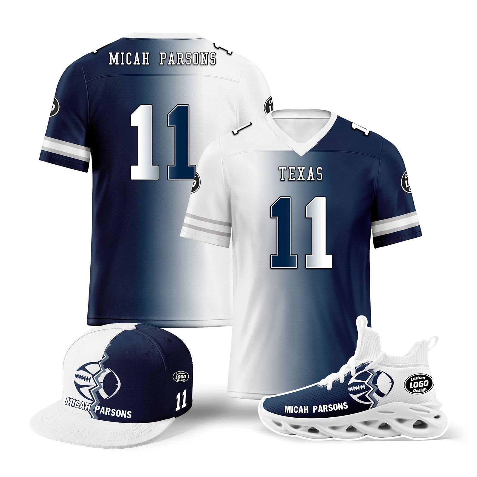 Custom Deep Blue & White Texas Football Jersey with MaxSoul Shoes & Hat Combo - Personalized Football Uniform Set for Fans & Players - Perfect for Game Day, Tailgating, and Team Spirit Events