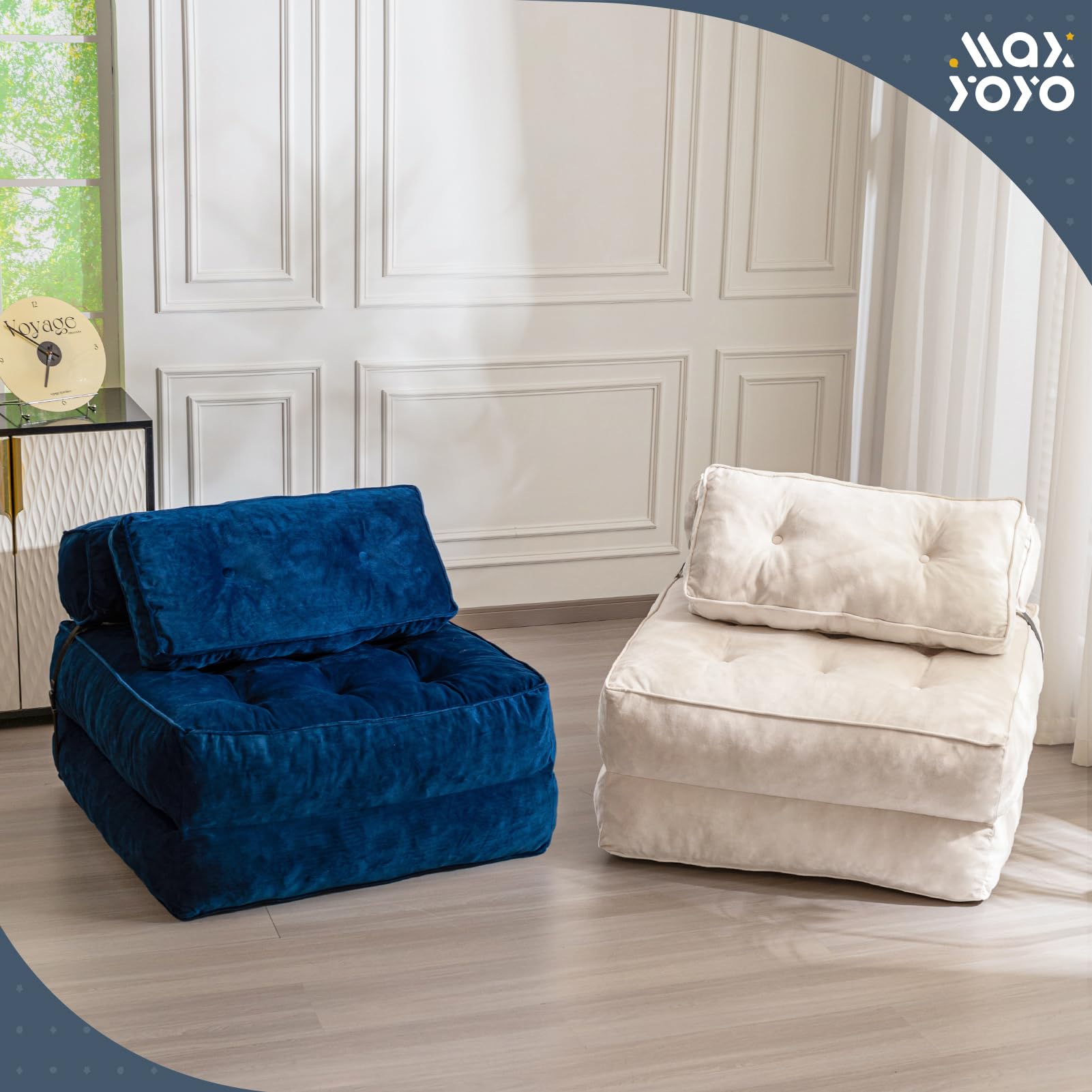 MAXYOYO Folding Sofa Bed - Velvet Convertible Sleeper Chair with Pillow, Portable Fold Out Guest Bed in Beige | Perfect for Small Spaces, Apartments & Overnight Guests