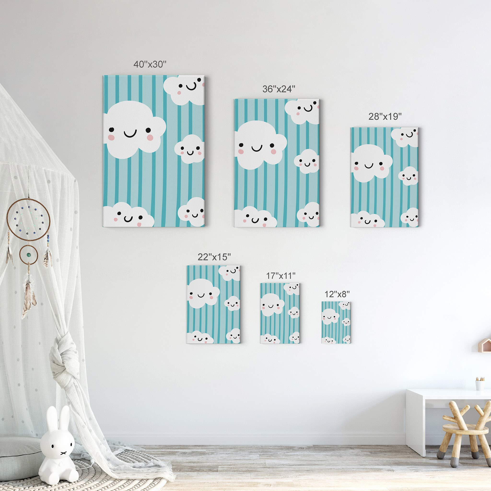 Smile Art Design Lovely Clouds Blue Background Canvas Print - Nursery Wall Art for Baby & Kids Room Decor - Ready to Hang 28x19 Inch - Made in USA | Perfect for Nursery, Bedroom, Playroom & Gift