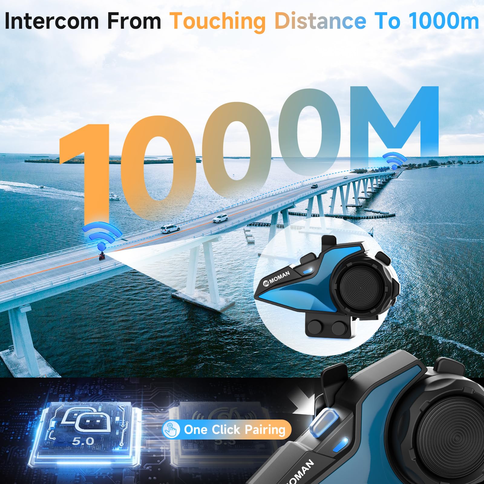 Moman Motorcycle Bluetooth Intercom Headset - Dual Chip H2E Eagle-Like Helmet Communication System for Audio Multitasking, HiFi Music Sharing, FM Radio & AI Voice Assistant (2 Pack) - Perfect for Group Riding, Touring & Adventure Motorcycling