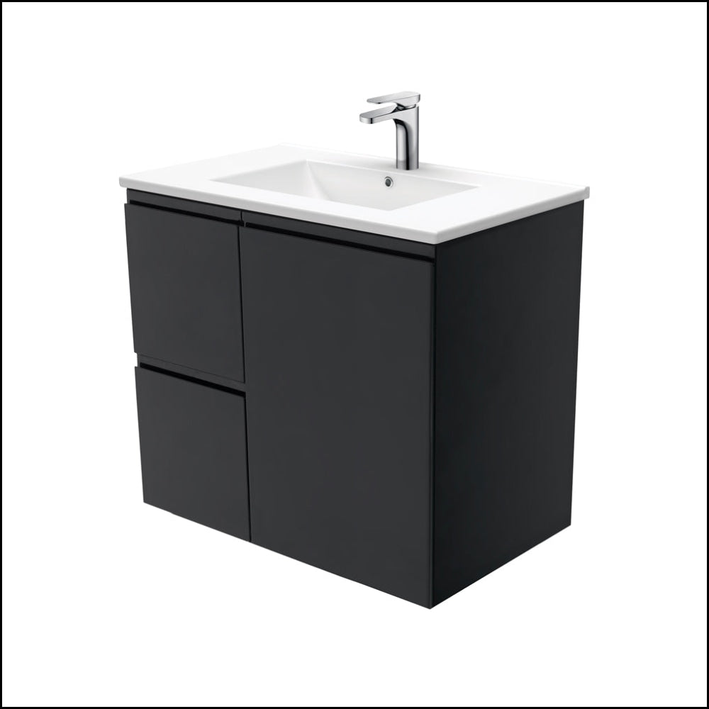 Fienza TCL75ZBL Dolce Black 750mm Wall Mounted Bathroom Vanity with Left Drawers - Modern Space-Saving Design for Small Bathrooms & Powder Rooms