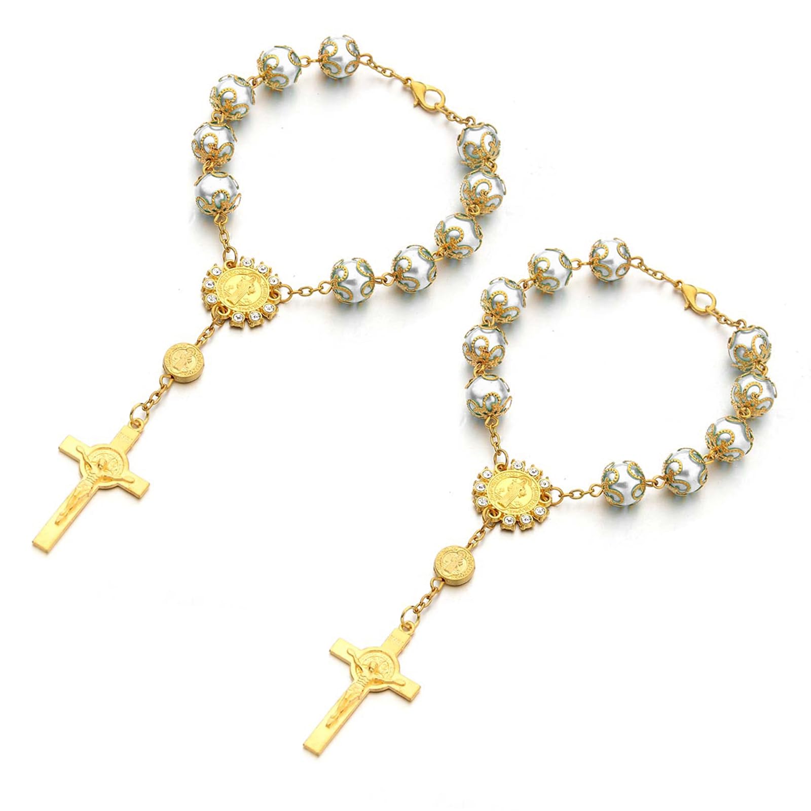 Ziciner 2 PCS Golden Car Rosary for Rearview Mirror - Personalized Blessing Hanging Decor, Auto Mirror Pendant for Catholic Prayer & Car Interior Accessories - Perfect for Daily Commute, Road Trips & Spiritual Protection
