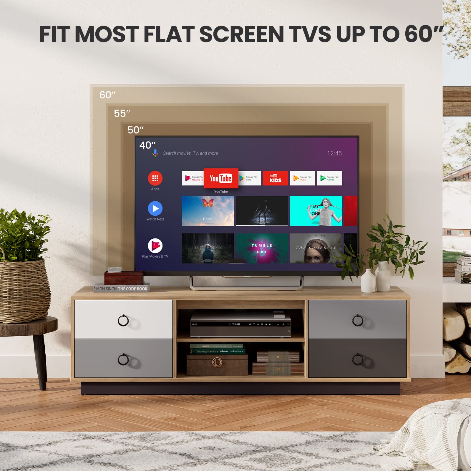 Tangkula 60 Inch Modern TV Stand with 2 Storage Cabinets & 2 Adjustable Shelves - Solid Wood Entertainment Center for Living Room, Bedroom - Cable Management Holes for 55-65 Inch TVs - Perfect for Home Theater & Media Storage
