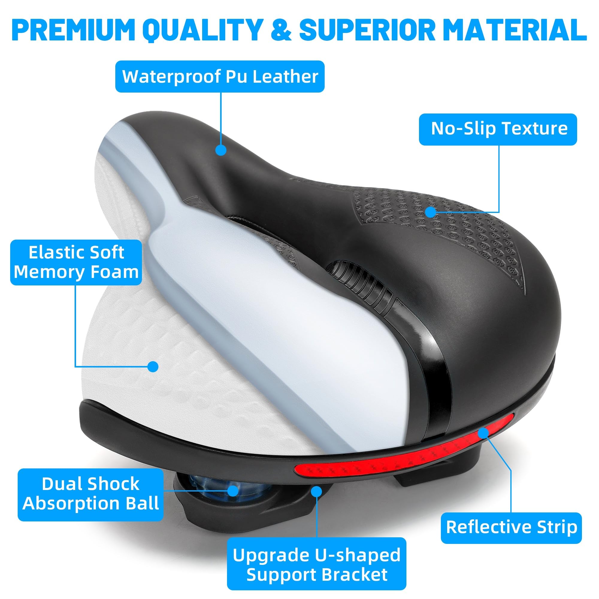 Comfortable Memory Foam Bike Seat for Men & Women - Thick Soft Bicycle Saddle Cushion - Universal Replacement for Mountain Bike, Ebike, Beach Cruiser & Stationary Bikes - Perfect for Commuting, Leisure Riding & Long-Distance Cycling
