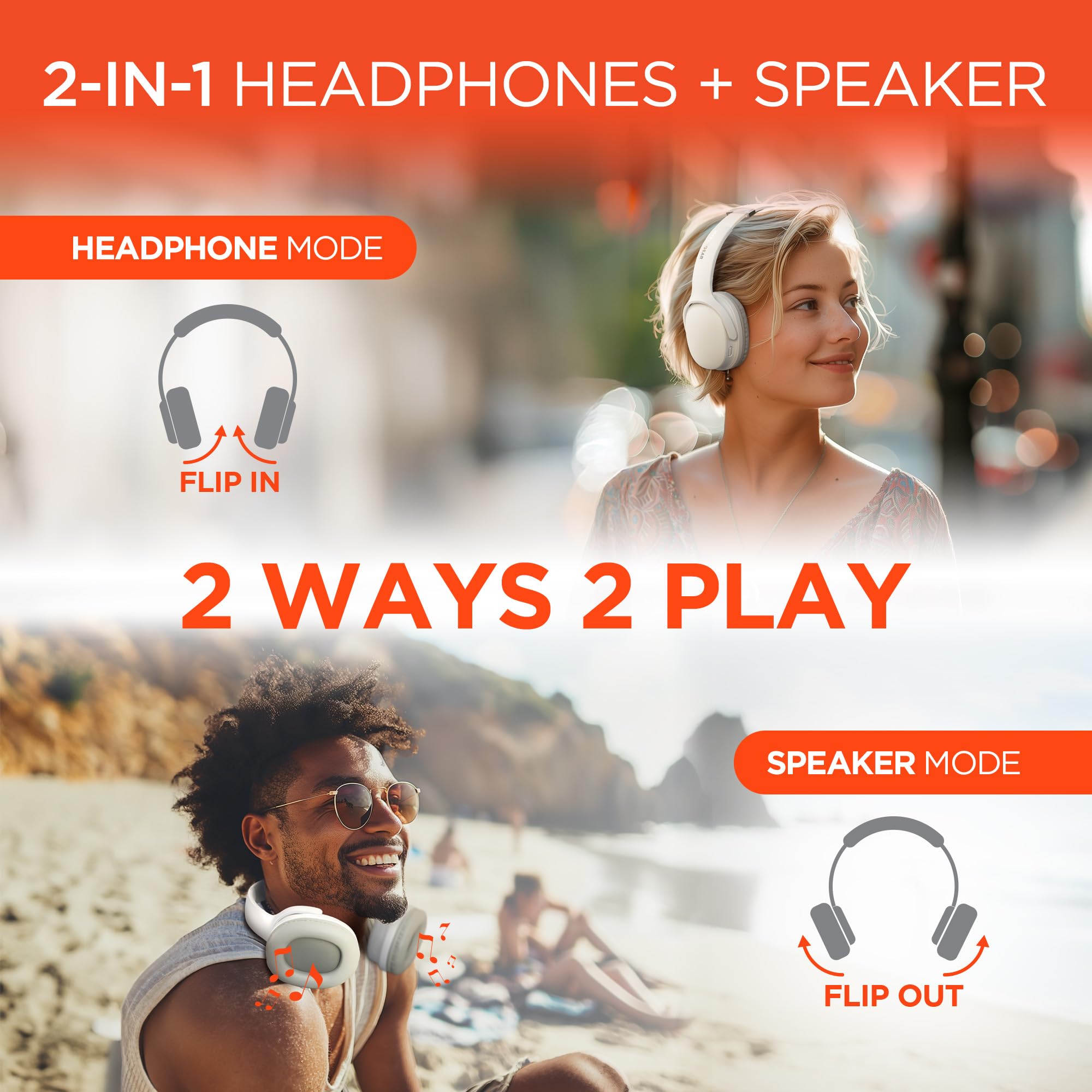Foldable Wireless Headphones with HD Stereo Sound - Convert Between Personal Listening & Surround Sound Modes | White | Perfect for Travel, Workouts & Home Entertainment