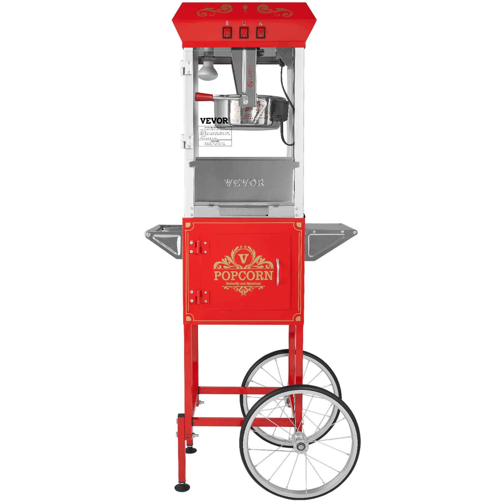 VEVOR 8 Oz Commercial Popcorn Machine - 850W Theater Style Popper with Wheels, Makes 48 Cups per Batch - 3-Switch Control, Steel Frame & Tempered Glass Doors - Includes Scoop & Spoons - Perfect for Movie Theaters, Carnivals, and Home Theater Snack Bars