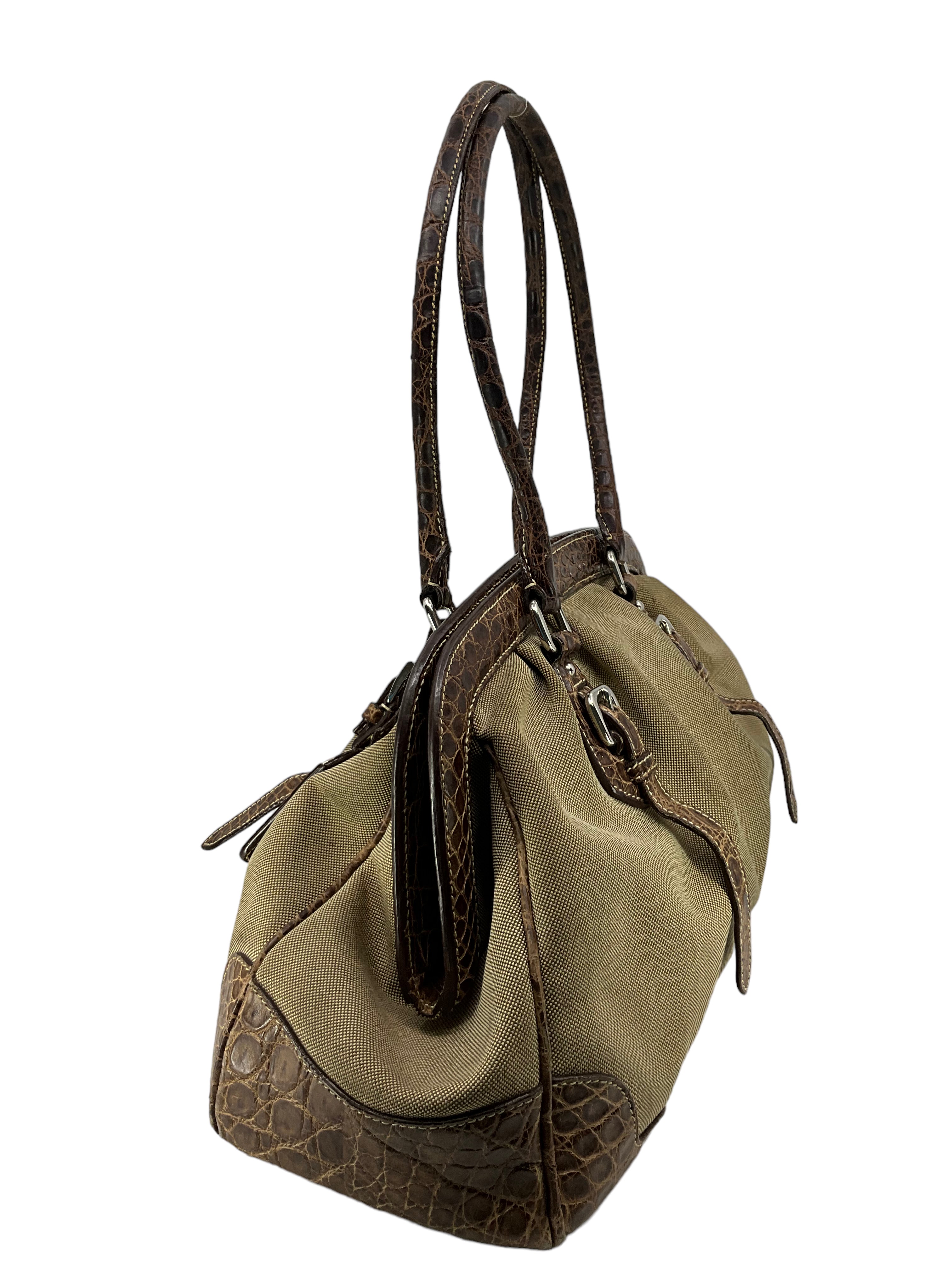 Prada Handbag for Women - Brown Crocodile Leather & Canvas Designer Shoulder Bag | Luxury Fashion Accessory for Work, Party & Everyday Use