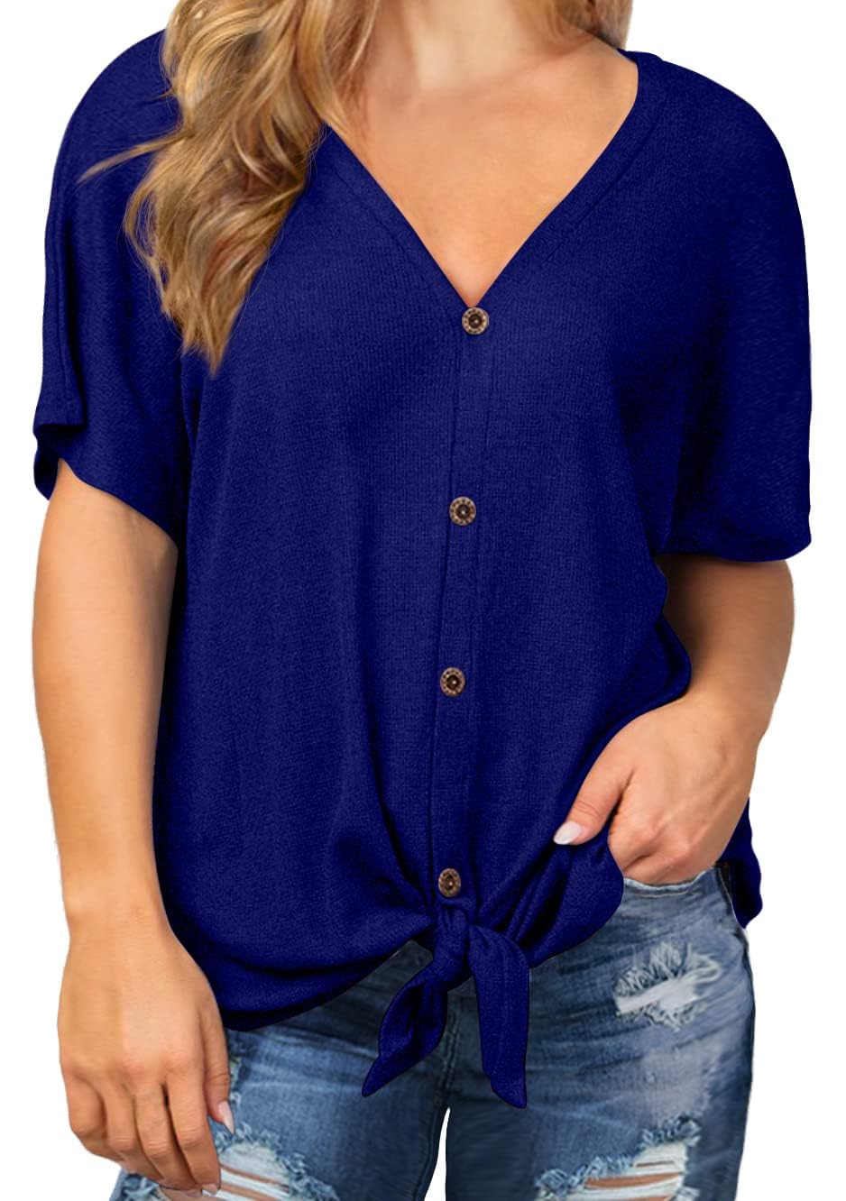OLRIK Women's Plus Size Short Sleeve V-Neck Waffle Knit Tunic Blouse with Tie Front & Button Up - Casual Office Wear & Spring Layering Essential