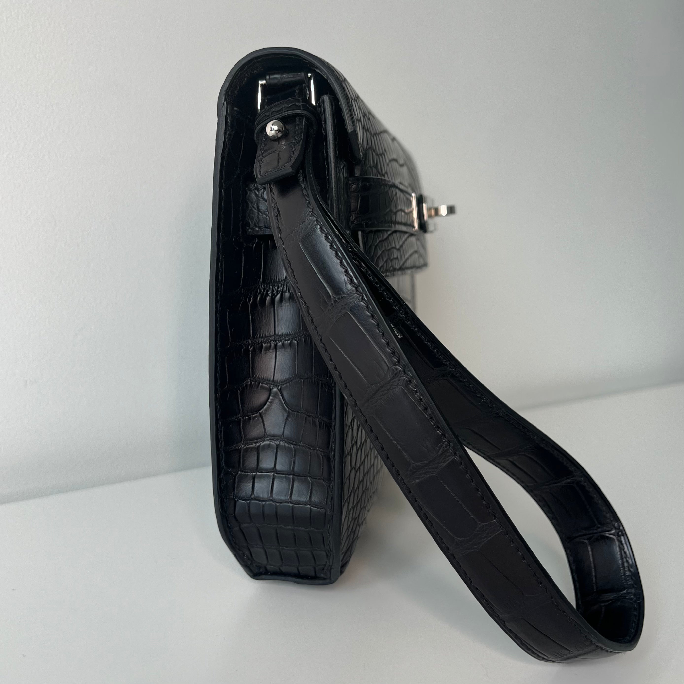 Hermes Kelly Depeches 25 Pochette Bag in Black Matte Alligator Leather with Palladium Hardware - Luxury Crossbody Clutch for Women, Perfect for Evening Events & Special Occasions