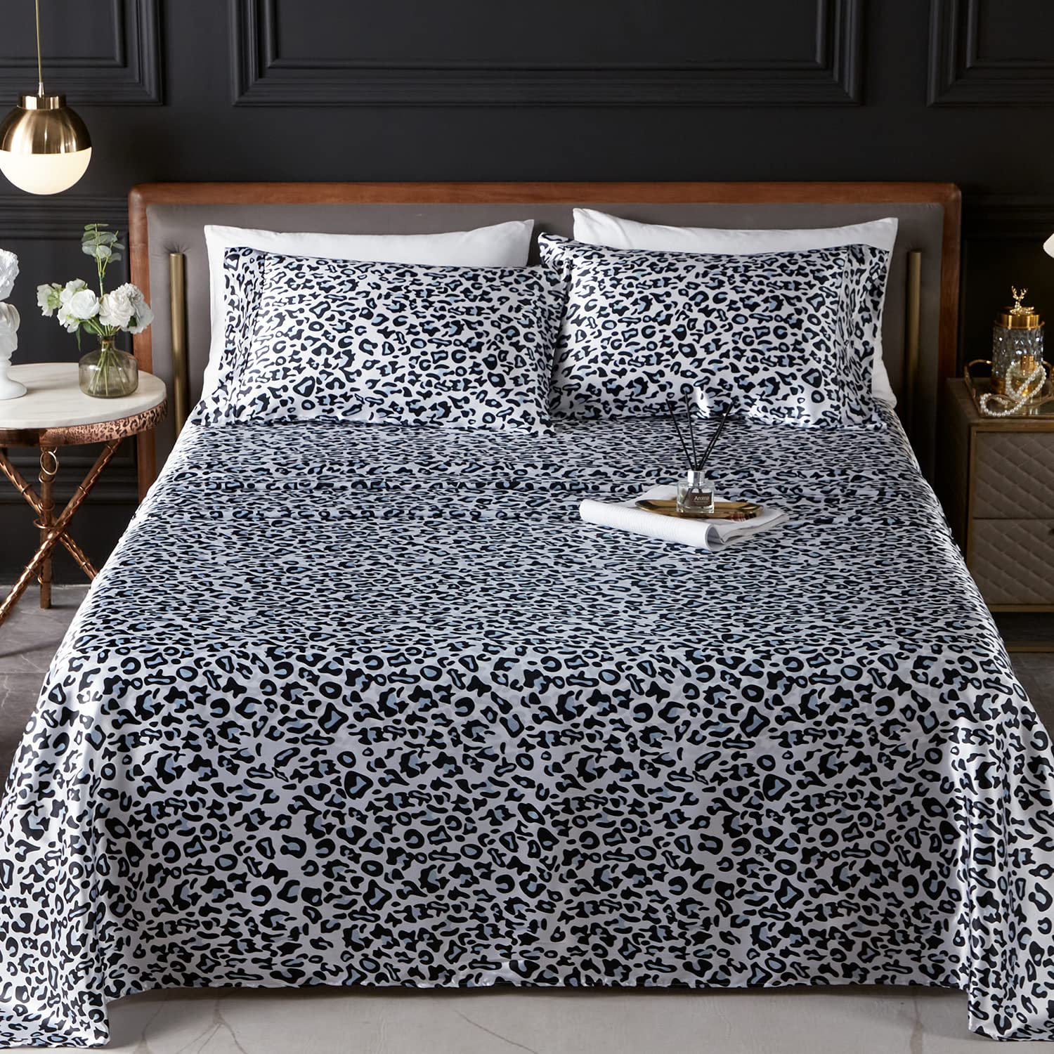 Premium Cooling Satin Sheets Set - Full Size Luxury Bedding with Deep Pocket Fitted Sheet (4PC, Grey Leopard Print) | Soft, Wrinkle-Free & Stain Resistant | Perfect for Hot Sleepers & Modern Bedroom Decor