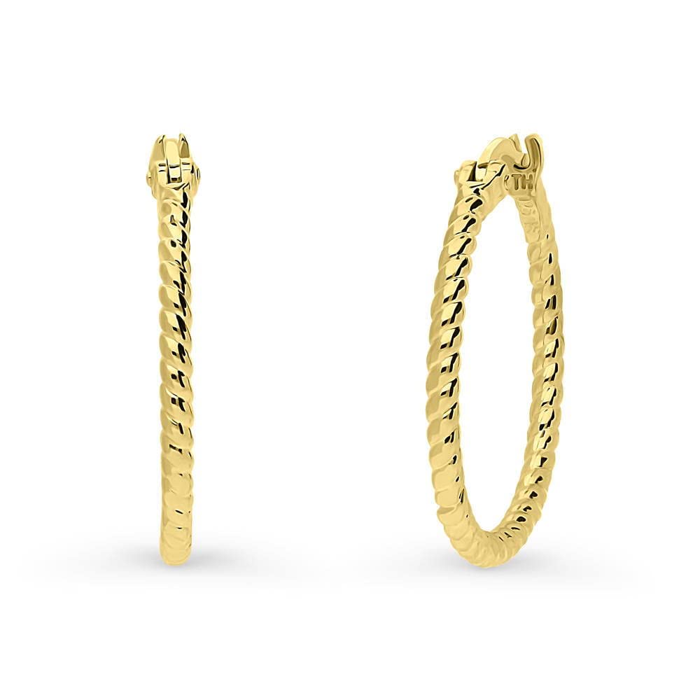 Sterling Silver Hoop Earrings for Women - 0.88 Inch Medium Cable Design, Yellow Gold Flashed & Rhodium Plated - Perfect for Everyday Wear, Office & Special Occasions