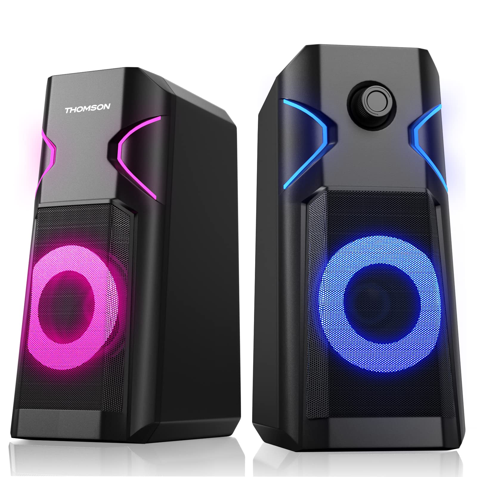 Thomson 2.0 Stereo PC Gaming Speakers with 10 RGB Backlight Modes, Enhanced Bass, USB Powered, 3.5mm Cable, Easy Volume Control for Desktop, Monitor, and Home Office Setup