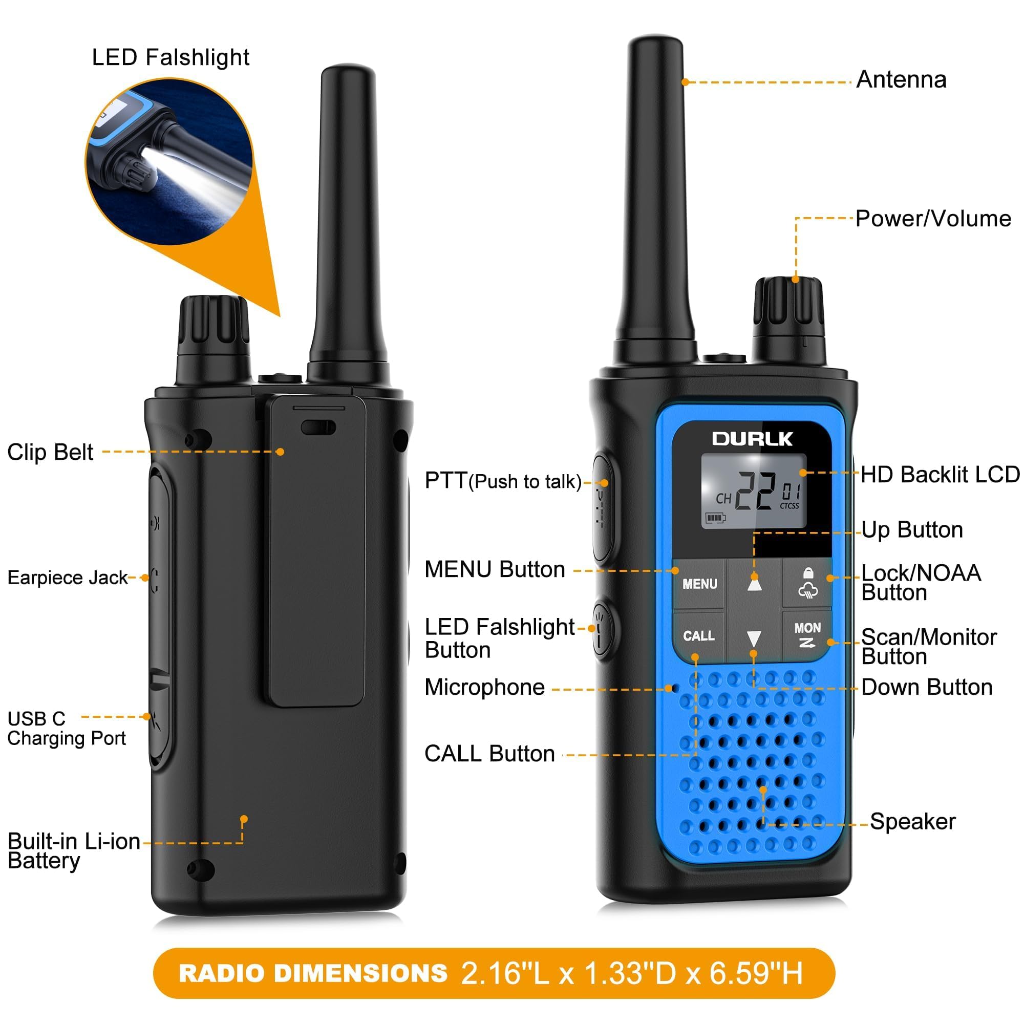 Long Range Rechargeable Walkie Talkies for Adults - 2 Pack Two Way Radios with 22 FRS Channels, NOAA Weather Alert, Noise Reduction & LED Flashlight (1800mAh Battery) - Ideal for Hiking, Camping, Emergencies & Outdoor Adventures