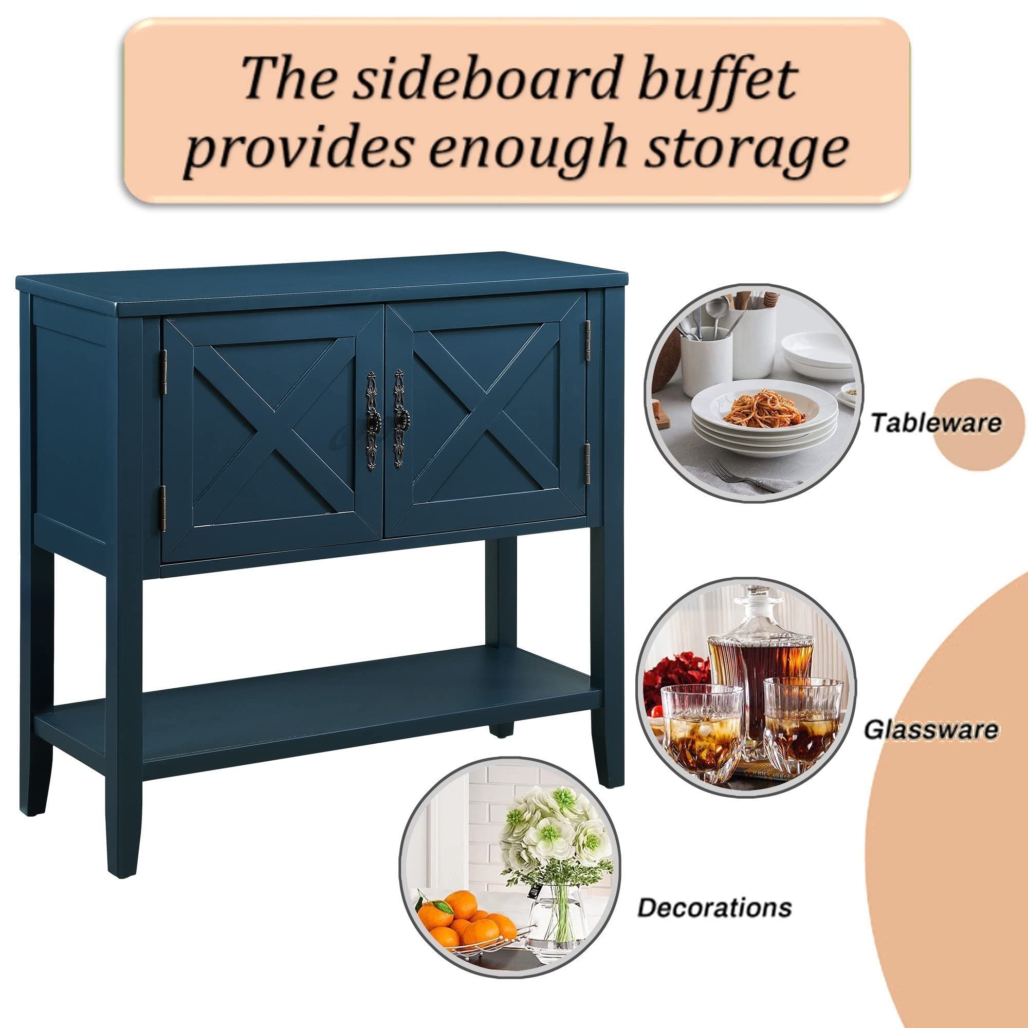 35 Inch Farmhouse Wood Buffet Sideboard Console Table with Bottom Shelf & 2-Door Cabinet - Rustic Dining Room Furniture for Kitchen, Living Room, Entryway Storage (Navy Blue) | Perfect for Farmhouse Decor, Small Space Storage & Dining Room Organization